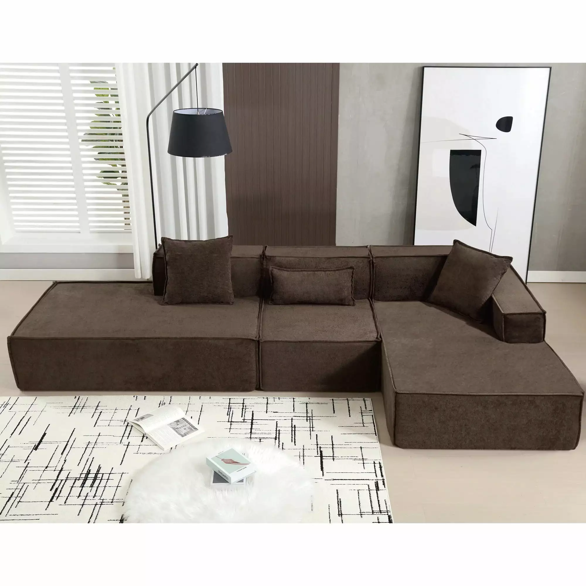 [VIDEO PROVIDED] Modular combination living room sofa set. modern minimalist sofa. free installation sofa. L-shaped. Italian minimalist tofu block sofa.Right-Hand Facing. Dark brown