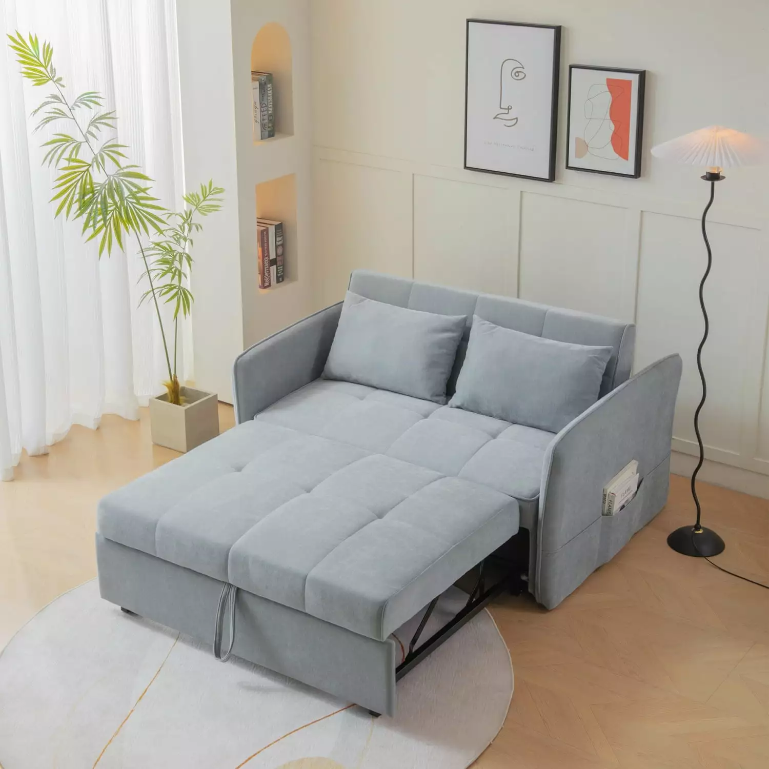 [VIDEO included] Grey Chenille fabric pull-out sofa bed - stylish sleeper loveseat couch with adjustable armrests for ultimate comfort and versatility.