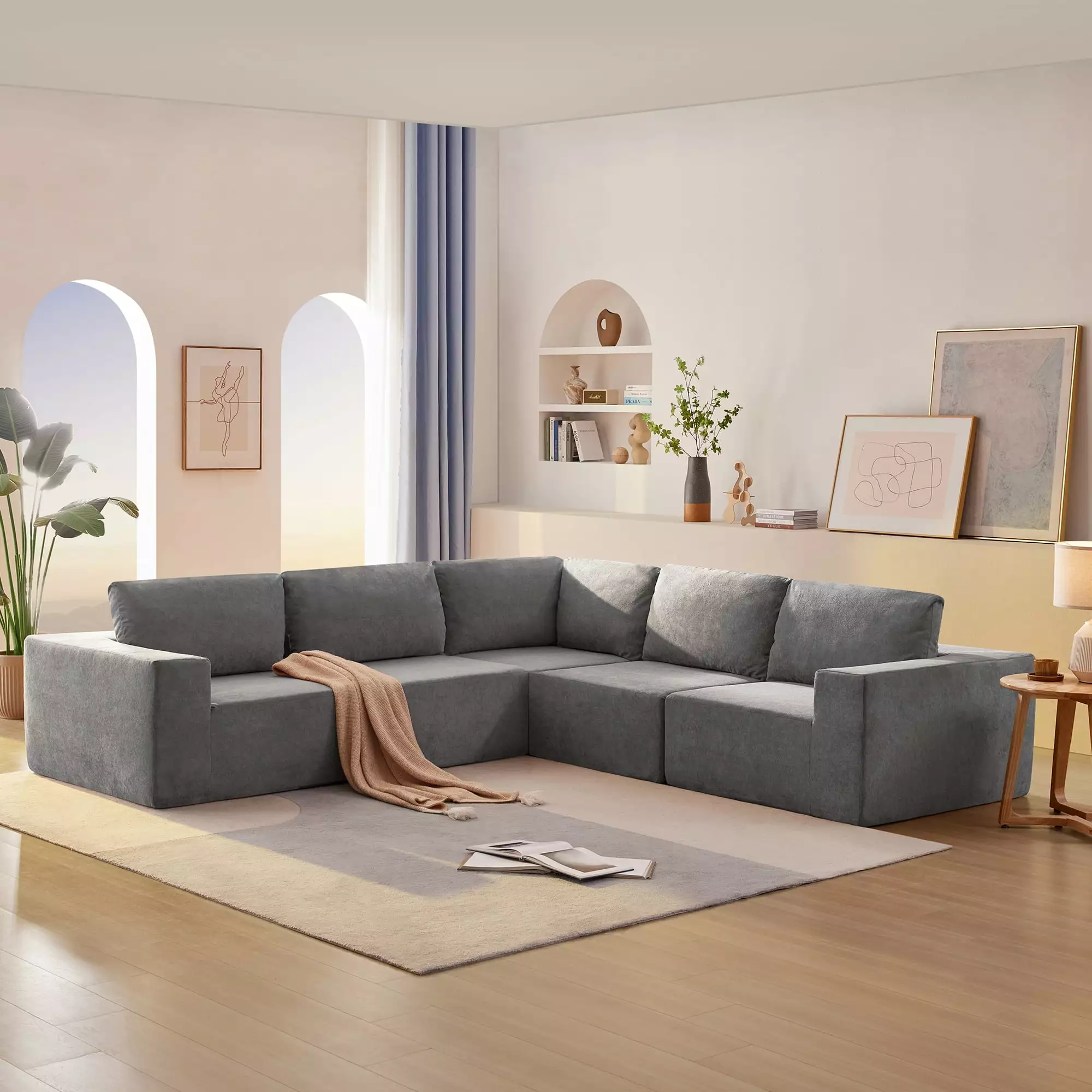 [VIDEO provided] [New]116*116 Modular L Shaped Sectional Sofa.Luxury Floor Couch Set.Upholstered Indoor Furniture.Foam-Filled Sleeper Sofa Bed for Living Room.Bedroom.5 PC Free Combination.3 Colors