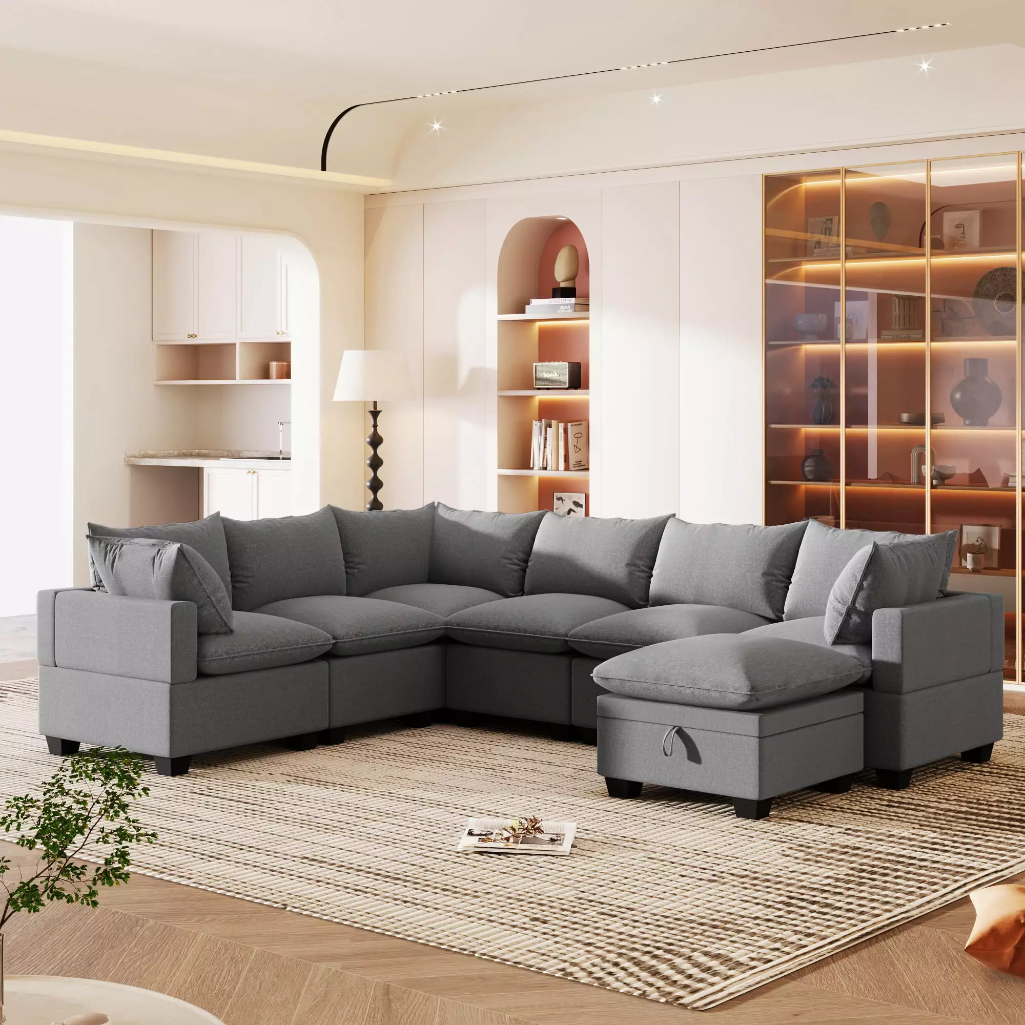 [VIDEO provided][New] 120*93 Modern U Shape Modular Sofa with Storage Ottoman.Luxury 7 Seat Sectional Couch Set with 2 Pillows Included.Freely Combinable Indoor Funiture for Living Room. Apartment