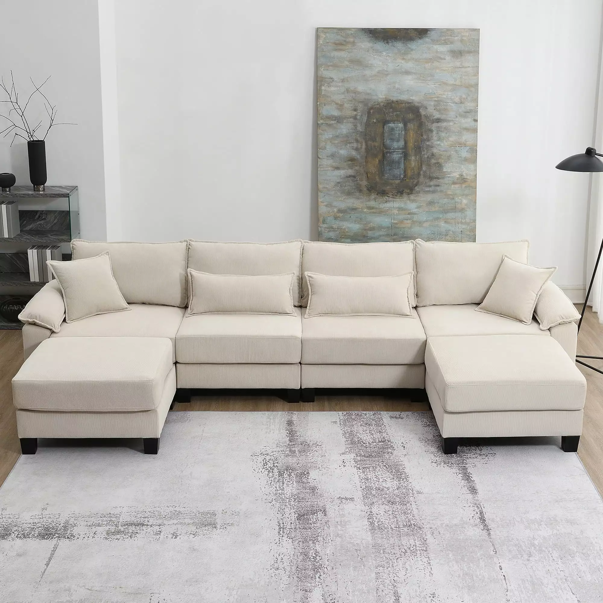 [VIDEO provided] [New] 133*65 Corduroy Modular Sectional Sofa.U Shaped Couch with Armrest Bags.6 Seat Freely Combinable Sofa Bed.Comfortable and Spacious Indoor Furniture for Living Room. 2 Colors