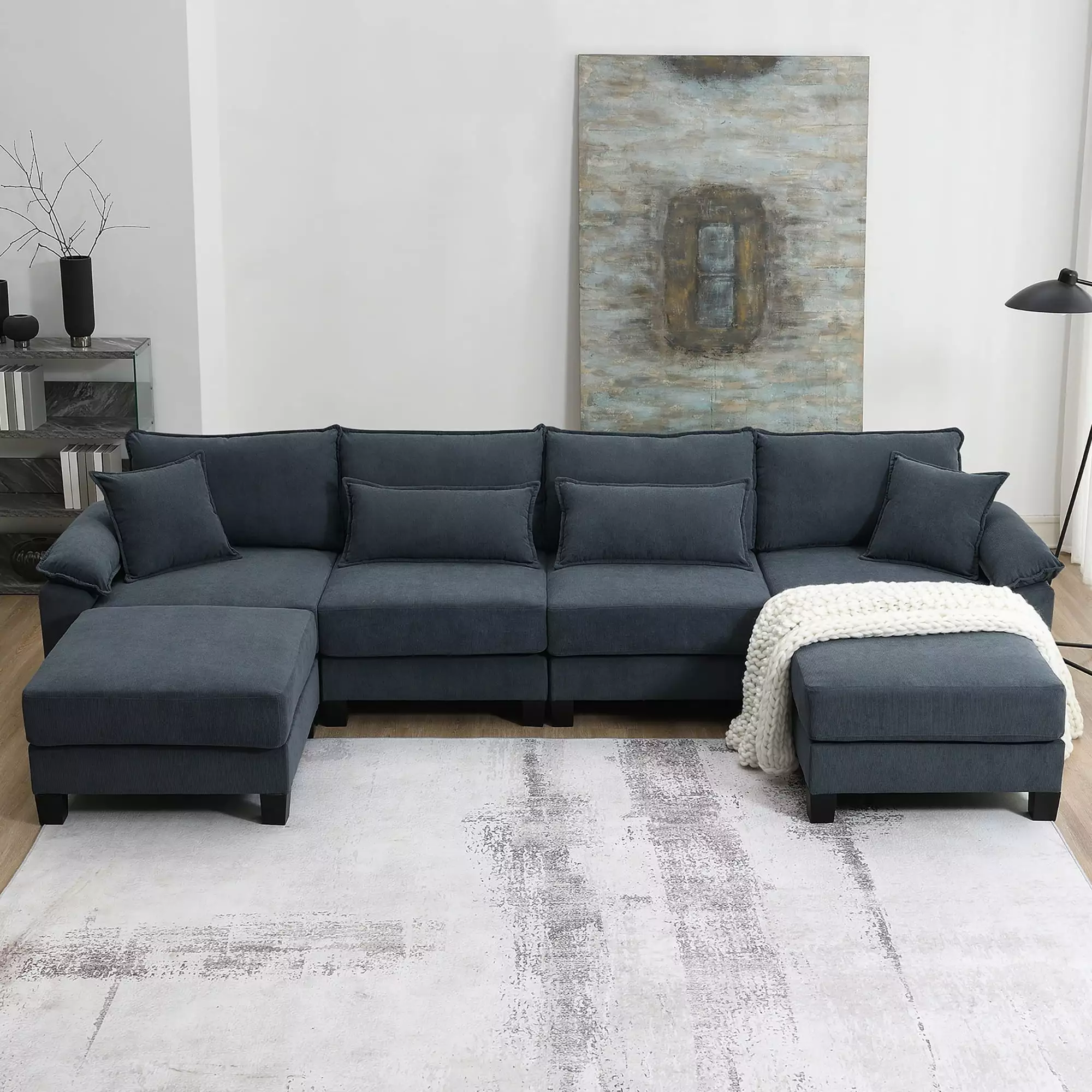 [VIDEO provided] [New] 133*65 Corduroy Modular Sectional Sofa.U Shaped Couch with Armrest Bags.6 Seat Freely Combinable Sofa Bed.Comfortable and Spacious Indoor Furniture for Living Room. 2 Colors