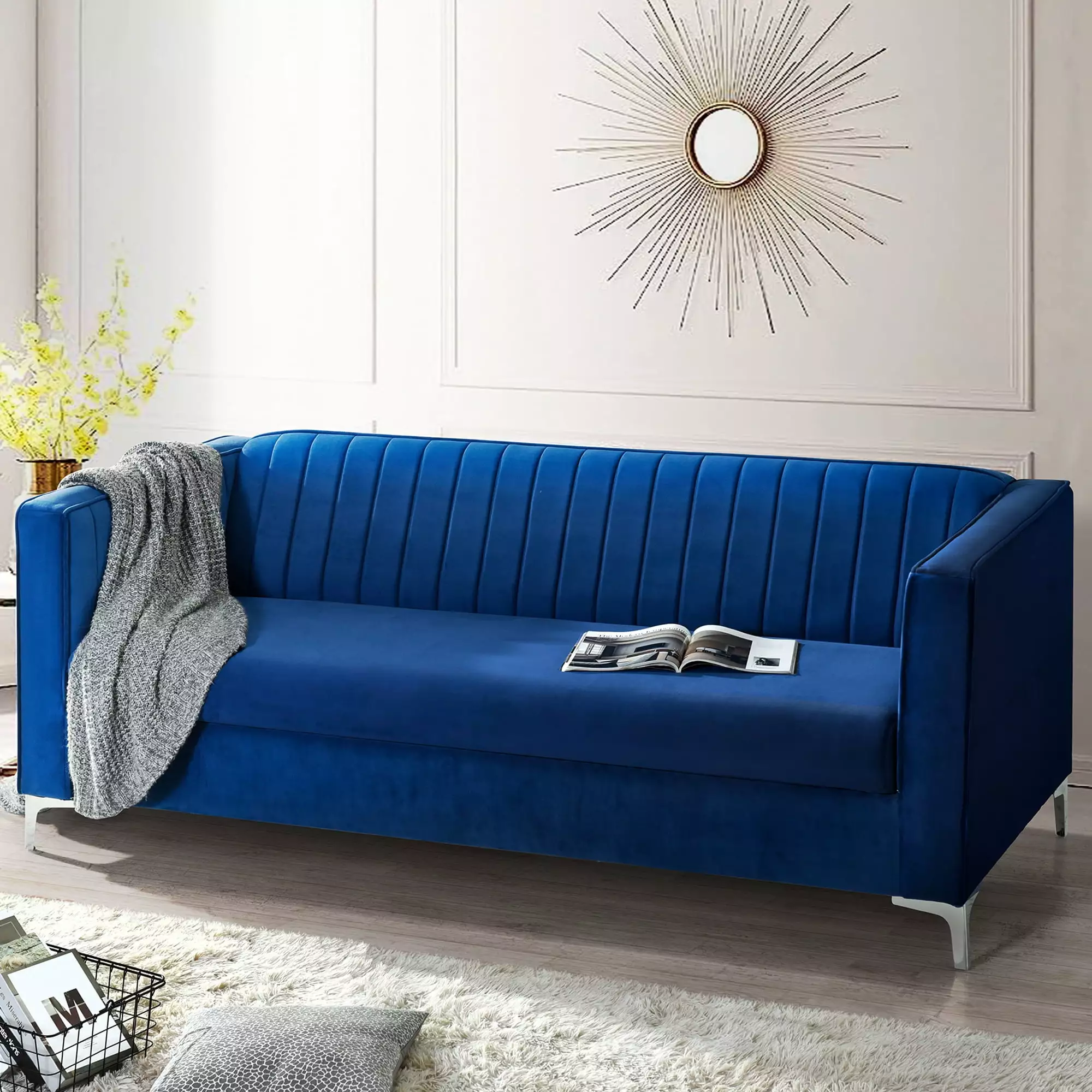 [VIDEO provided] [New] 77.3*32 Mid Century Velvet Sofa.2-3 Seater Modern Couch. Exquisite Loveseat with Vertical Striped Decoration and Metal Legs for Living Room.Bedroom.Apartment.Office.2 Colors