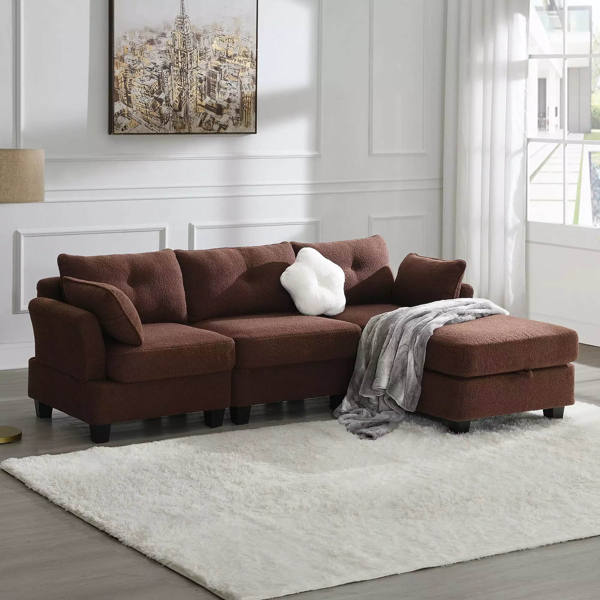 [VIDEO provided] [New] 92*63Modern Teddy Velvet Sectional Sofa.Charging Ports on Each Side.L-shaped Couch with Storage Ottoman.4 seat Interior Furniture for Living Room. Apartment.3 Colors(3 pillows)