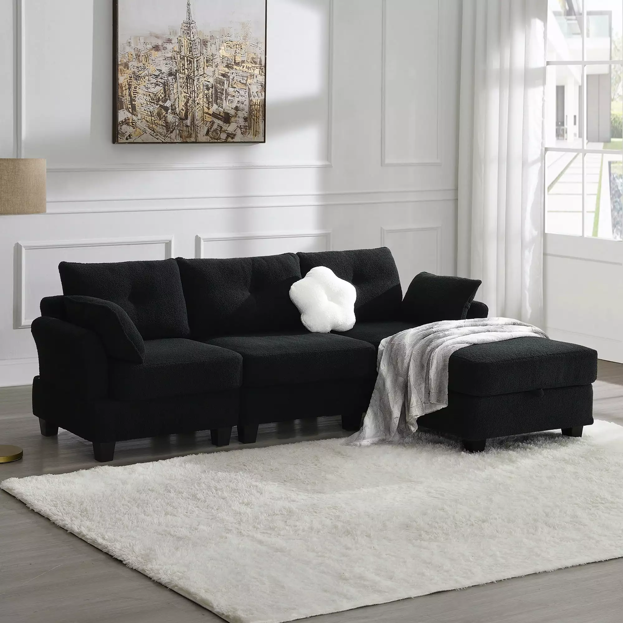 [VIDEO provided] [New] 92*63Modern Teddy Velvet Sectional Sofa.Charging Ports on Each Side.L-shaped Couch with Storage Ottoman.4 seat Interior Furniture for Living Room. Apartment.3 Colors(3 pillows)