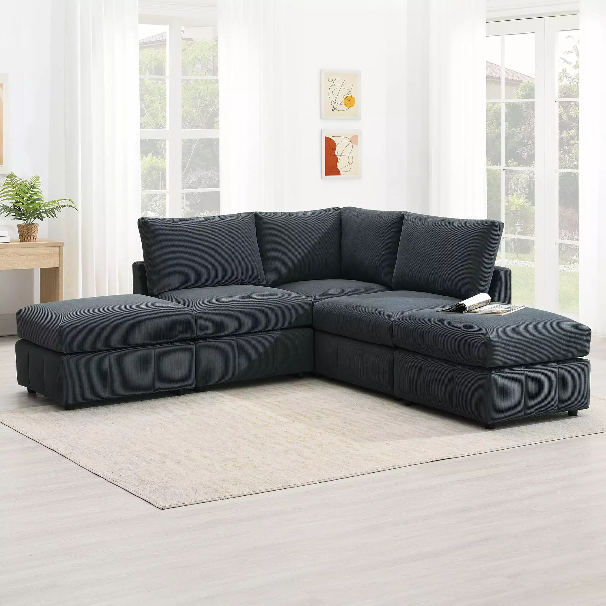 [VIDEO provided][New]93Modern Sectional Sofa with Vertical Stripes.5-Seat Armless Couch Set with Convertible Ottomans.Various Combinations.L-Shape Indoor Furniture for Living Room.Apartment. 2 Colors