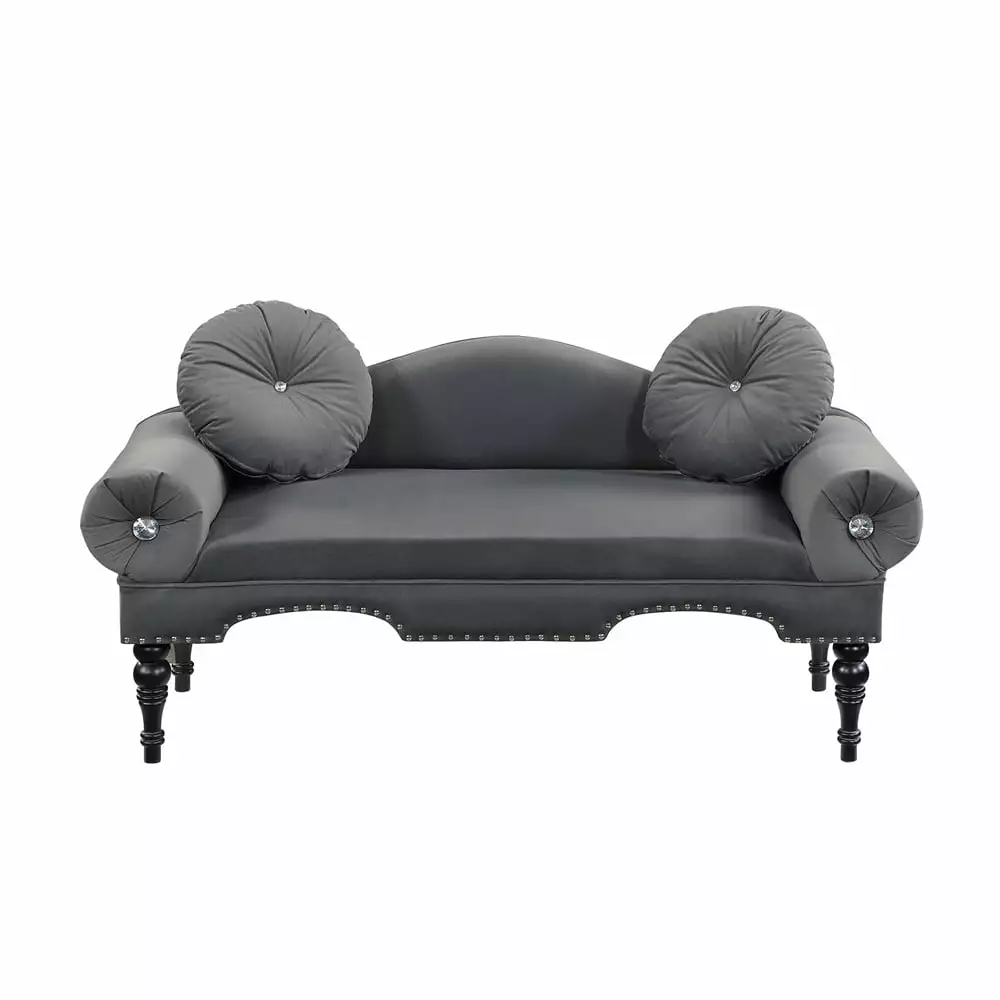 Velvet Accent Sofa. Modern Upholstered Entryway Bench with 2 Pillows and Nailhead. Comfy 2-Seater Couch Settee with Curved Backrest & Rolled Armrest & Wood Gourd Legs for Living Room Bedroom. Grey