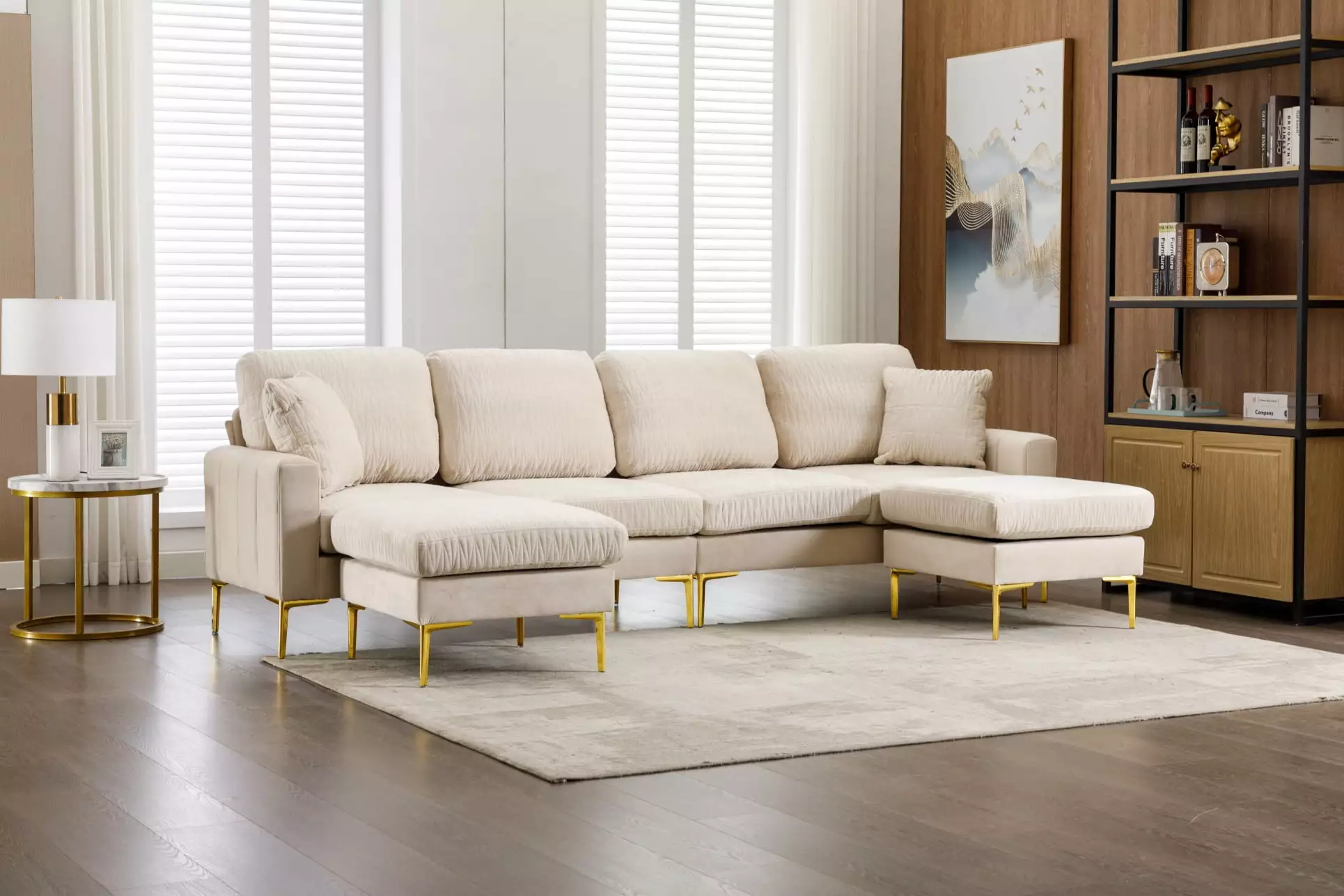 Velvet Accent Sofa with Ottoman. Upholstered Sectional Sofa ith Soft Backrest and Pillows. Modern U-Shaped Sofa Couch with Gold Metal Legs for Living Room Apratment Hotel. Beige