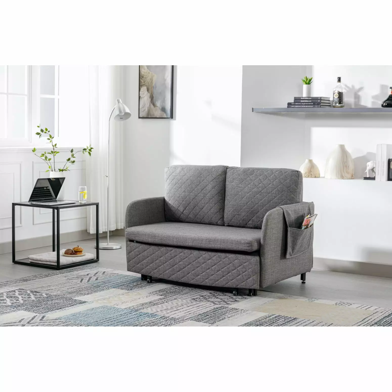 Velvet Convertible Sleeper Sofa Bed - Modern Loveseat Pull-Out Couch - Comes with 2 Pillows. Side Pockets and Headboard - Perfect for Living Room Relaxation and Guest Stays