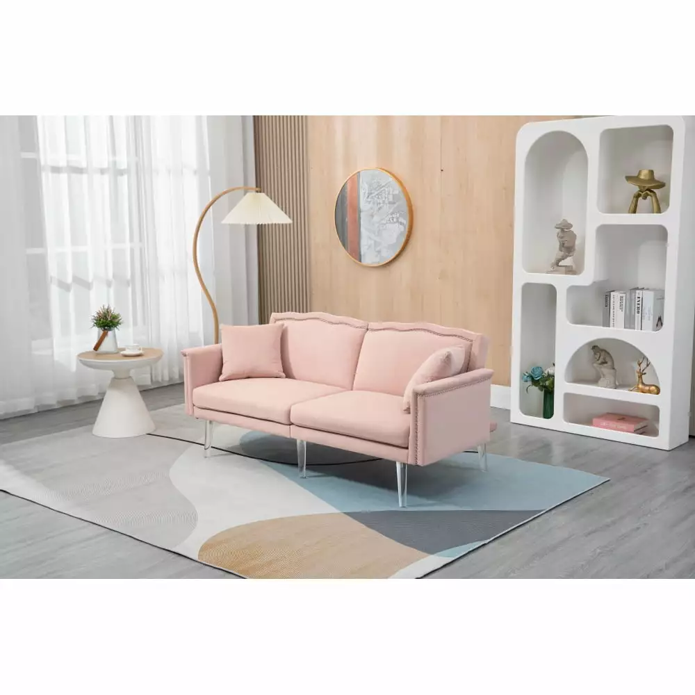 Velvet Couch. 3-Seater Loveseat Couches for Living Room. Mid Century Modern Tufted Sofa for Small Space. Bedroom. Apartment. Home Office.Pink