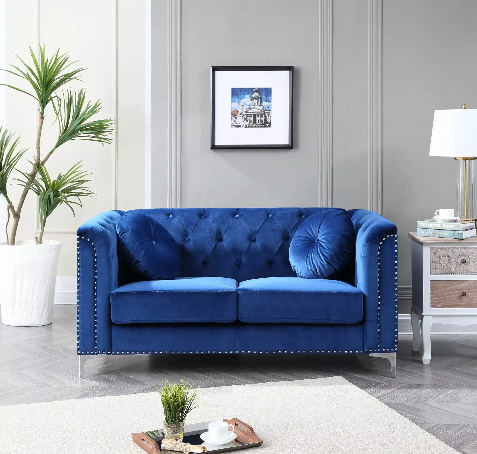 Velvet Furniture Loveseat Sofa Chair with Silver Metal Legs. Tufted Upholstery Sofa for Living Room. Navy Blue