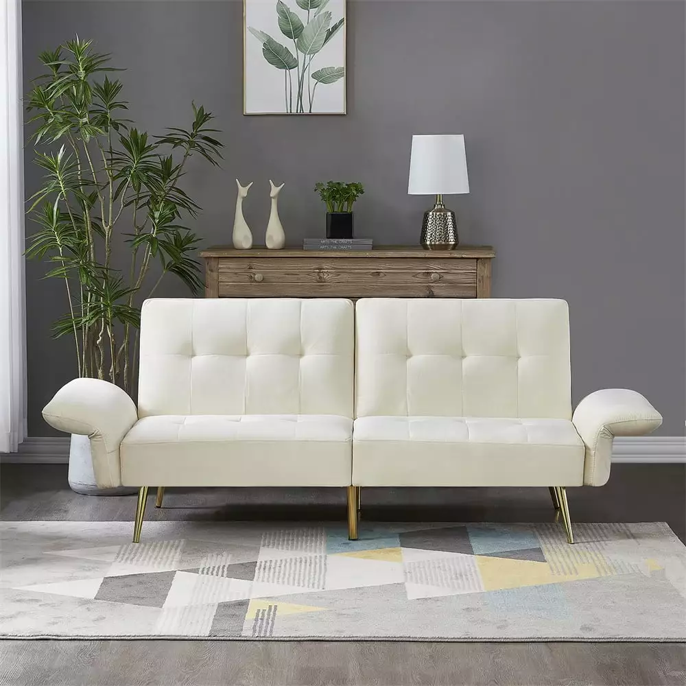 Velvet Futon Sofa Bed. Convertible Sleeper Sofa Couch with Folded Armrests and Storage Bags. Modern Tufted Upholstered Loveseat Recliner Couch with Golden Metal Legs for Living Room Bedroom. Beige