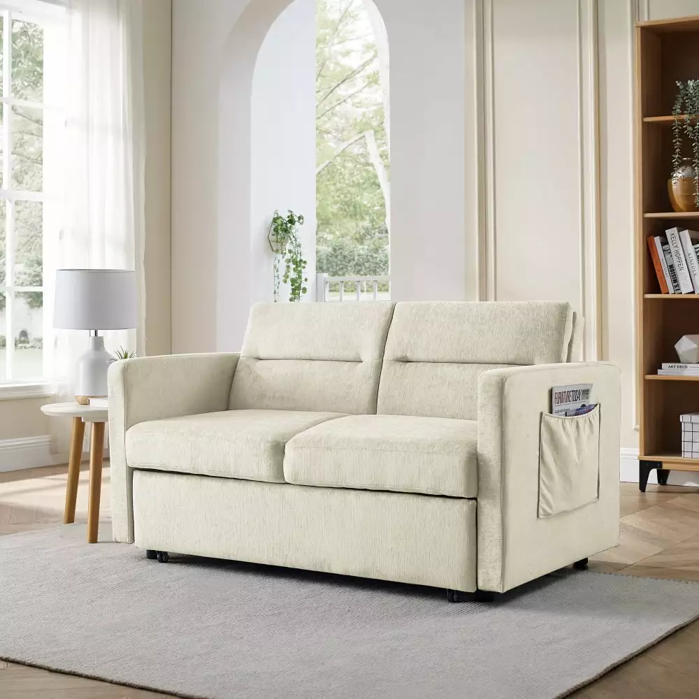 Velvet Loveseat Sofa Bed. 3 in 1 Convertible Sleeper Sofa Bed with Pull-out Bed. Reclining Couch Bed with Adjsutable Back and Two Side Pockets. Modern Sofa Couch for Livng Room Apartment. Beige