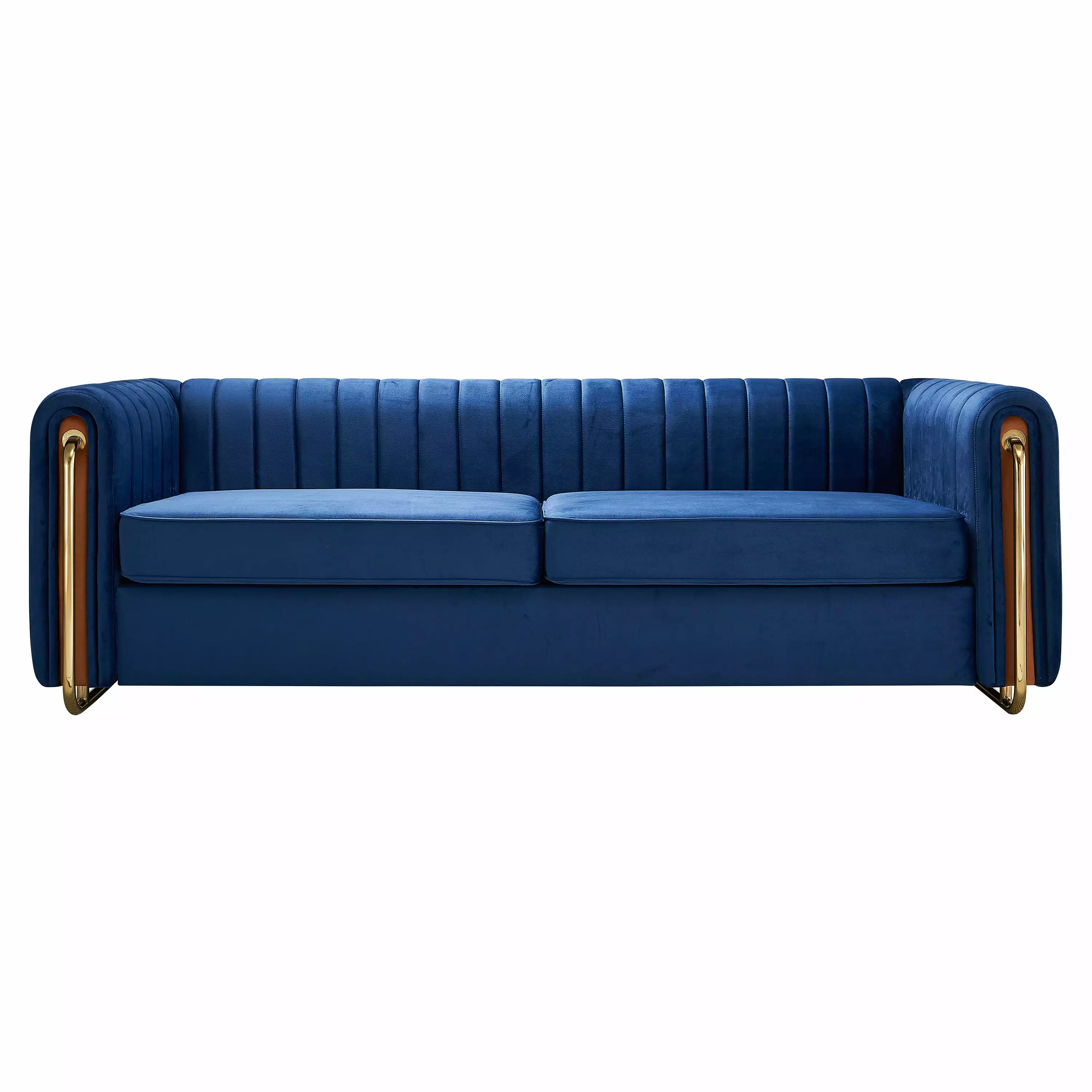 Velvet Loveseat Sofa. Modern Tufted Upholstered Performance Velvet Sofa with Arms and Removable Cushions. Mid-Century Sofa Couch with Solid Wood Frame and Gold Legs for Living Room. Bedroom. Blue