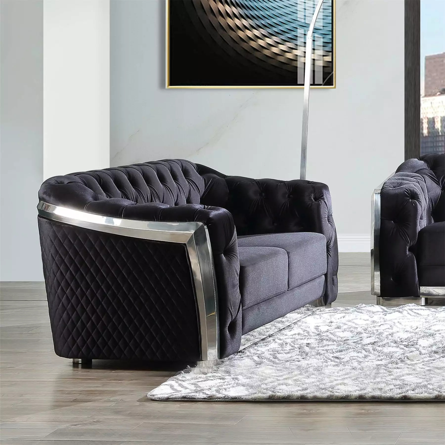 Velvet Loveseat Sofa. Upholstered Comfy Loveseat with Chrome Finish. Morden Contemporary 2-seater Loveseat Sofa with Botton Tufted Backrest and Armrest for Living Room Apartment Office. Black