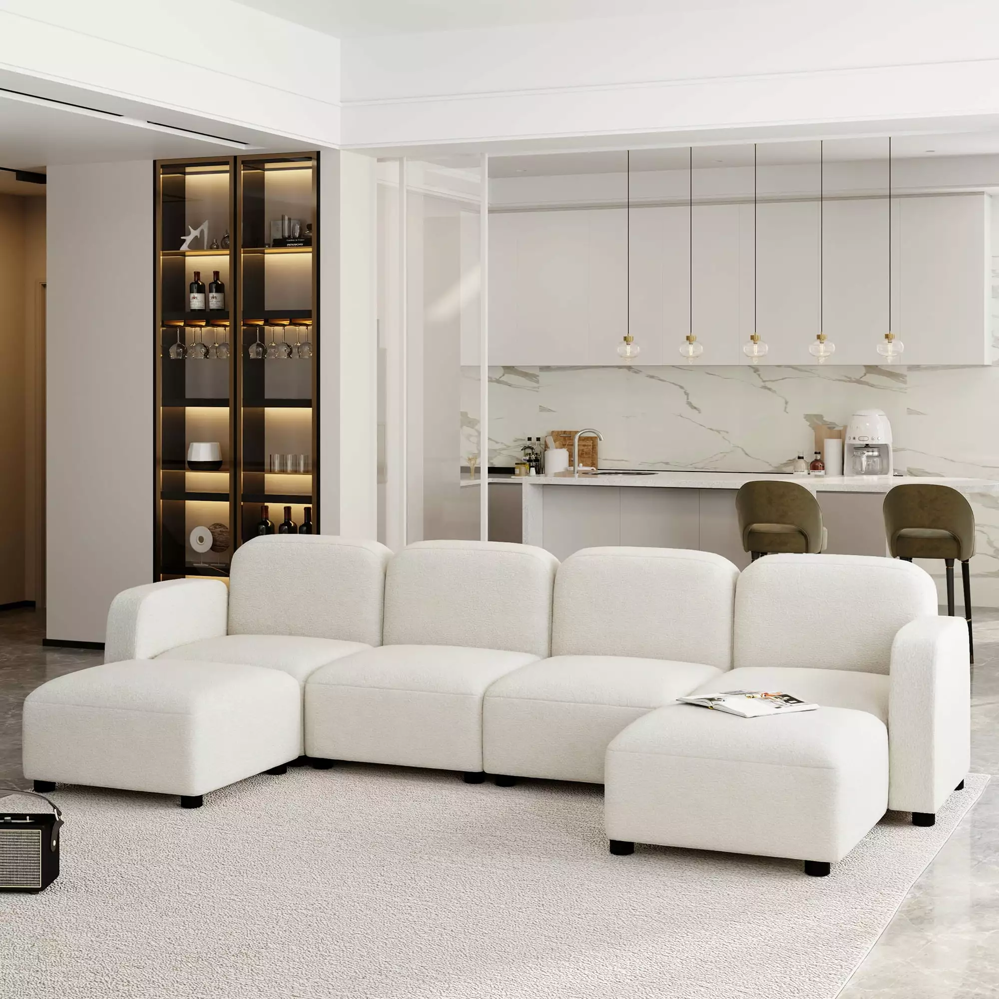 Velvet Modular Sectional Sofa. U Shaped Reversible Couch Set. Free Combination. 6 Seat Sleeper Cloud Sofa Bed with Ottoman. Convertible Oversized Indoor Furniture Pieces for Living Room. Beige