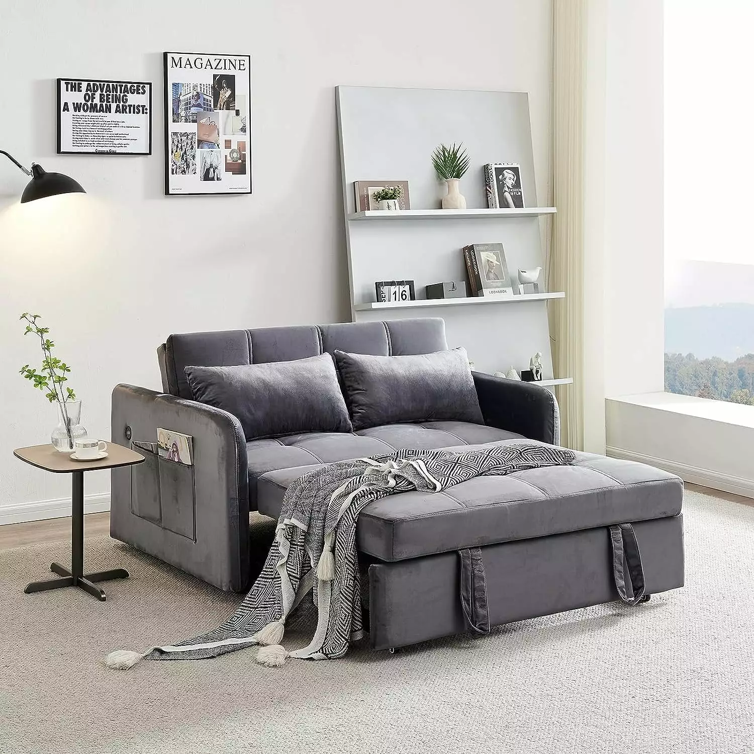 Velvet Pull Out Sleeper Sofa. Gray Convertible Futon Sofa Bed with USB Port. Modern Pullout Couch with Pillows and Pockets. Upholstered Small Loveseat for Living Room. Guest Room