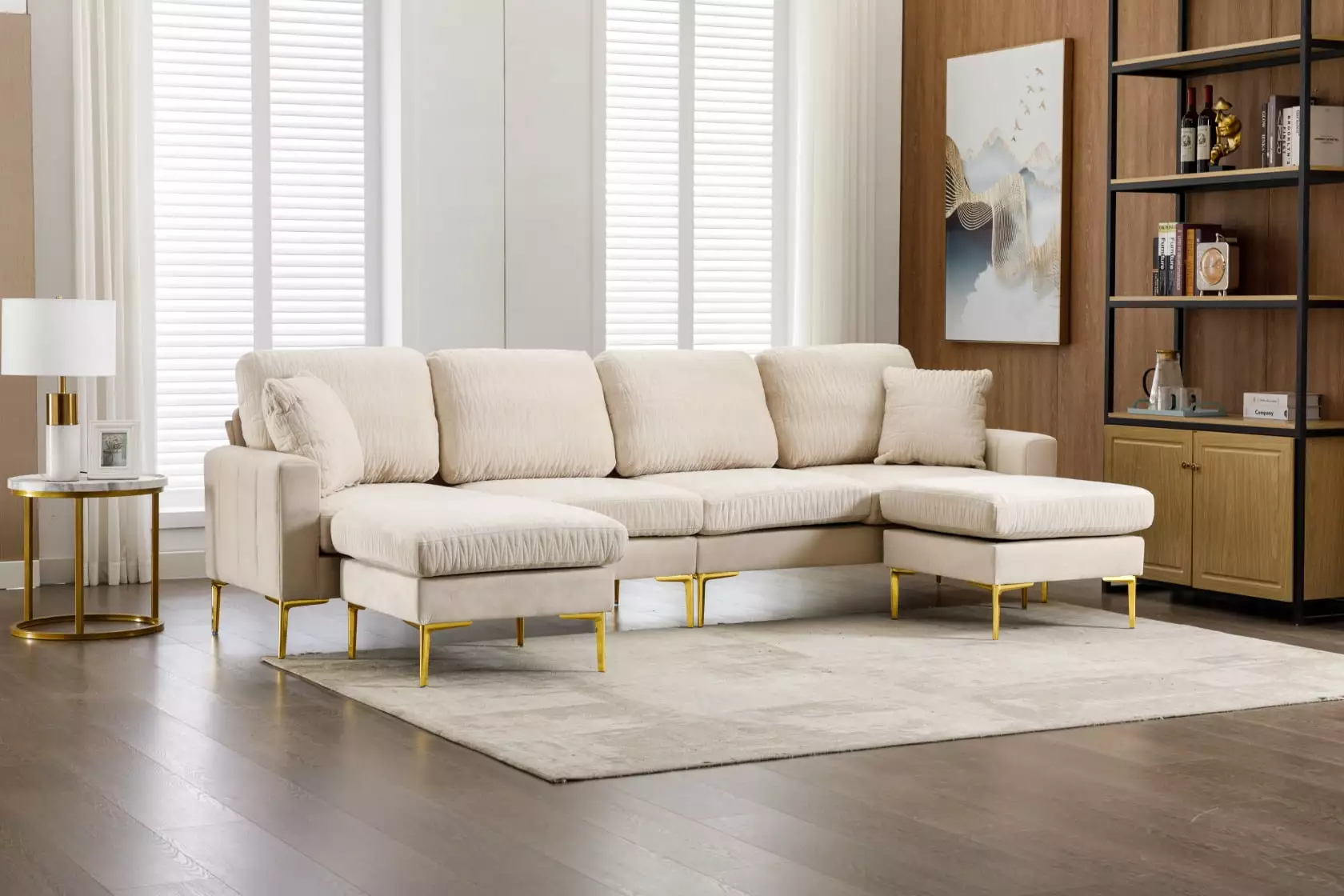 Velvet Sectional Sofa with 2 Ottoman. 113.39 Convertible Sofa with 2 Pillows and Golden Iron Foot. Modern U/L Shaped Upholstered Couch for Living Room Apartment Office. Beige