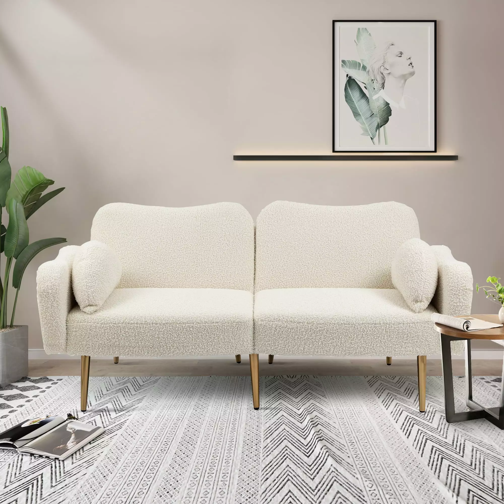 Velvet Sofa Bed. Upholstered Loveseat with Adjustable Back and Arms. 2-Seater Sofa Couch with Gold Metal Legs. Modern Accent Sofa Futon Sofa with 2 Pillows for Living Room Bedroom Office. White