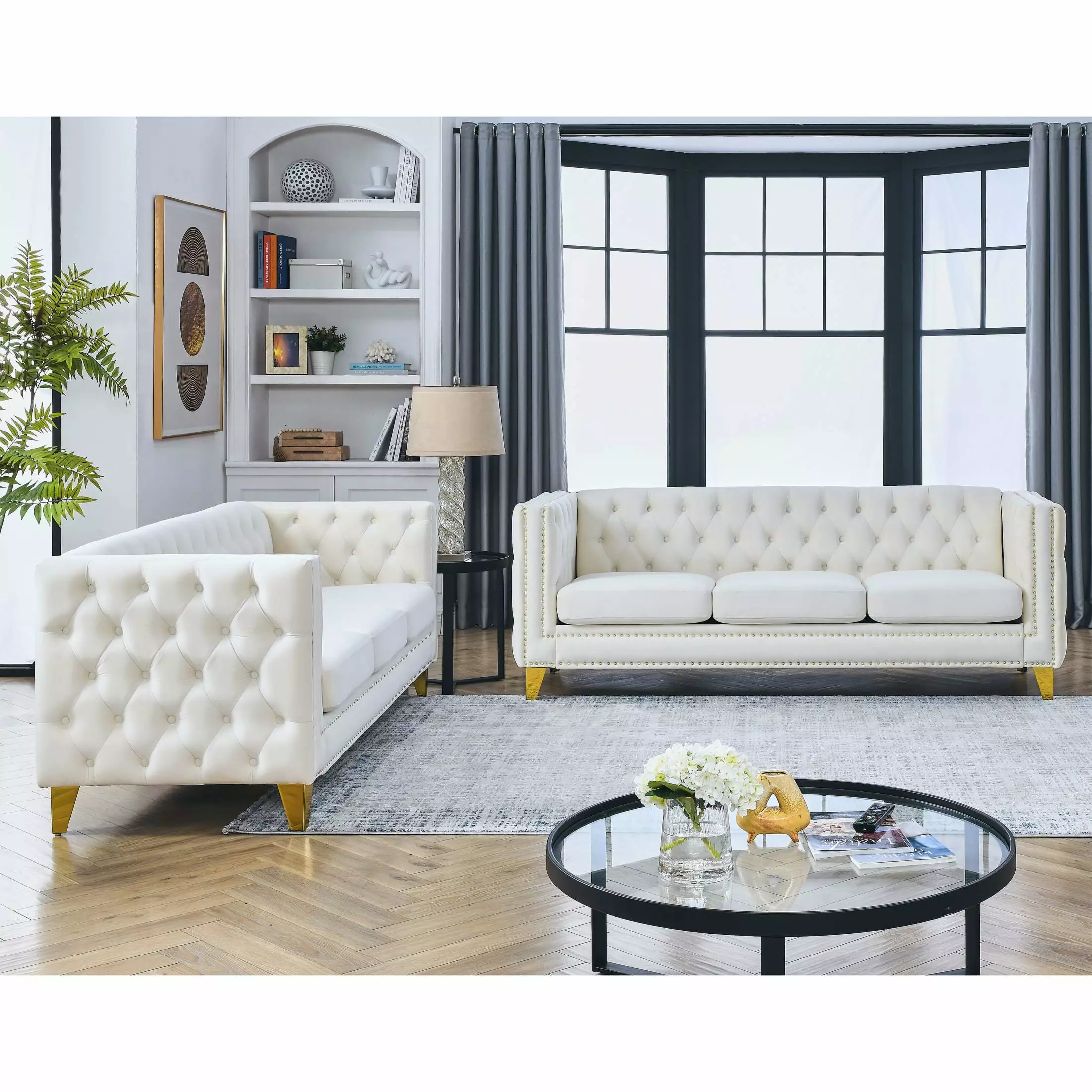 Velvet Sofa For Living Room.Buttons Tufted Square Arm Couch. Modern Couch Upholstered Button And Metal Legs. Sofa Couch For Bedroom. Beige Velvet .2Pcs