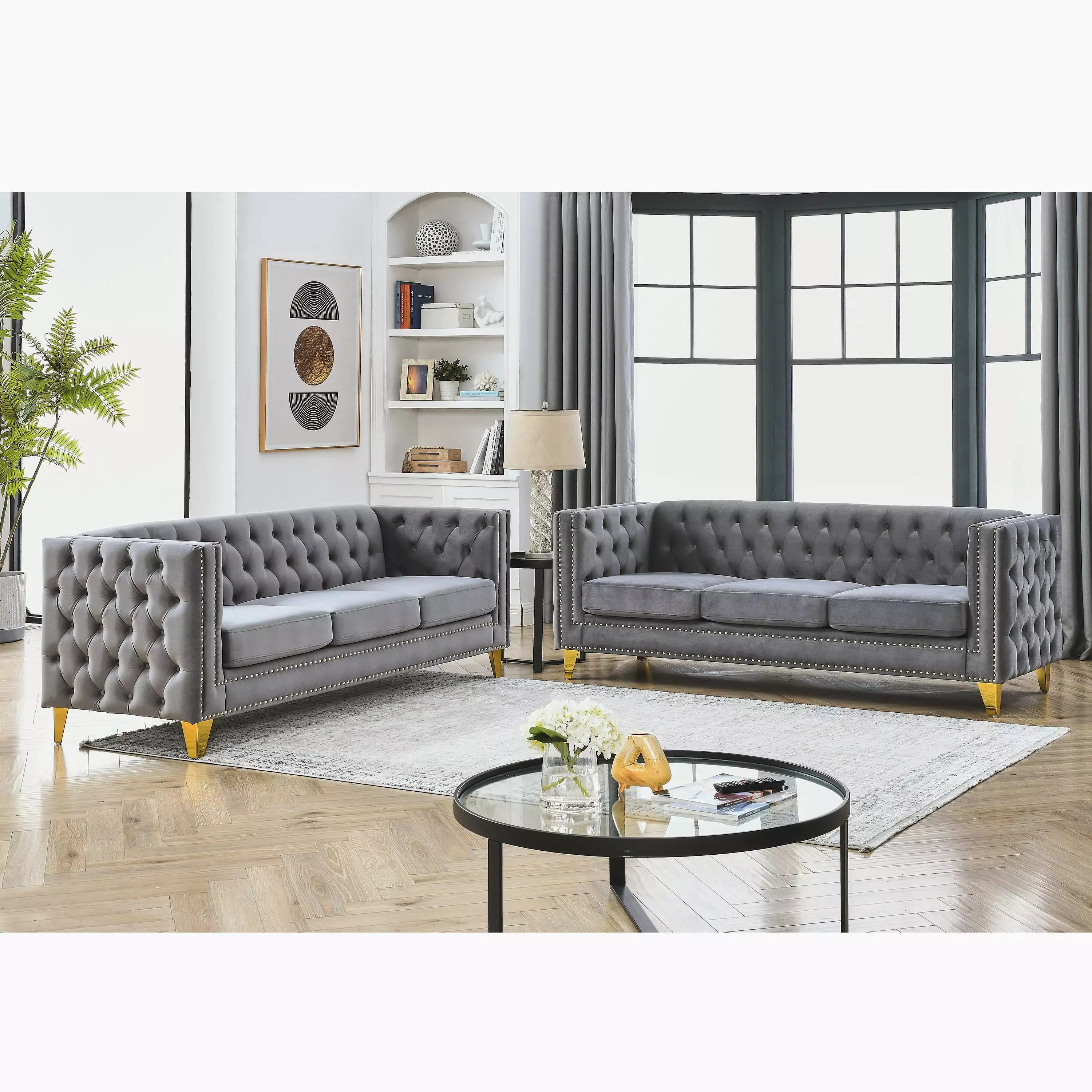 Velvet Sofa For Living Room.Buttons Tufted Square Arm Couch. Modern Couch Upholstered Button And Metal Legs. Sofa Couch For Bedroom. Grey Velvet .2Pcs