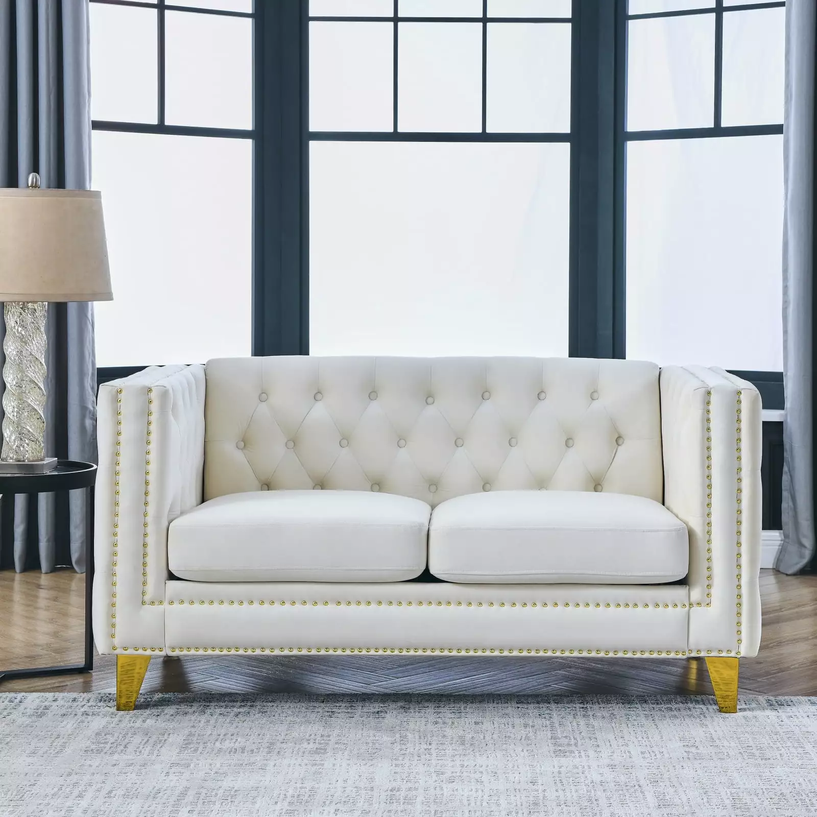 Velvet Sofa for Living Room.Buttons Tufted Square Arm Couch. Modern Couch Upholstered Button and Metal Legs. Sofa Couch for Bedroom. Beige Velvet-2S 00052