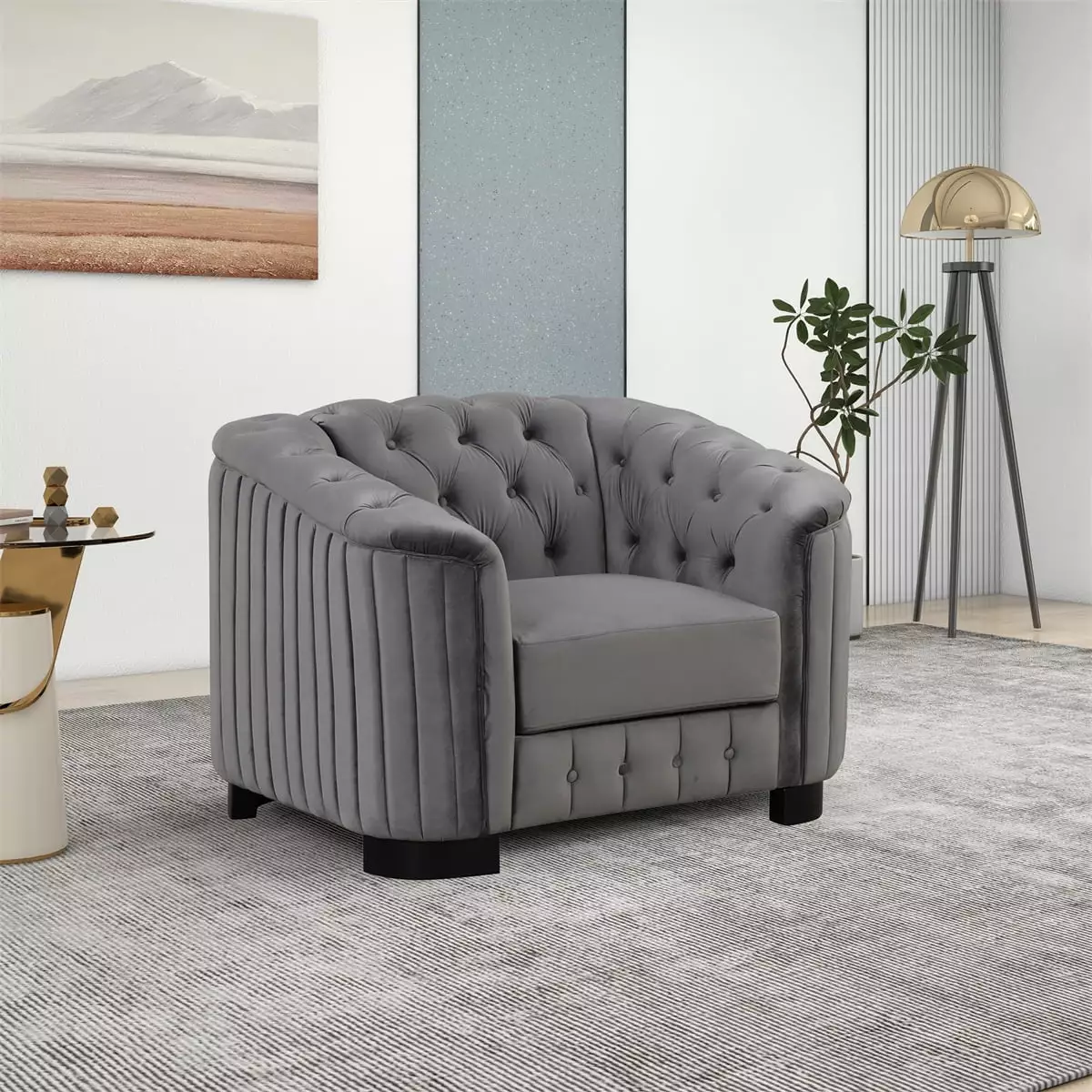 Velvet Upholstered Accent Sofa. Single Sofa Armchair with Button Tufted Back and Removable Seat Cushion. Modern Reception Chair Single Couch for Living Room. Office. Apartment. Gray