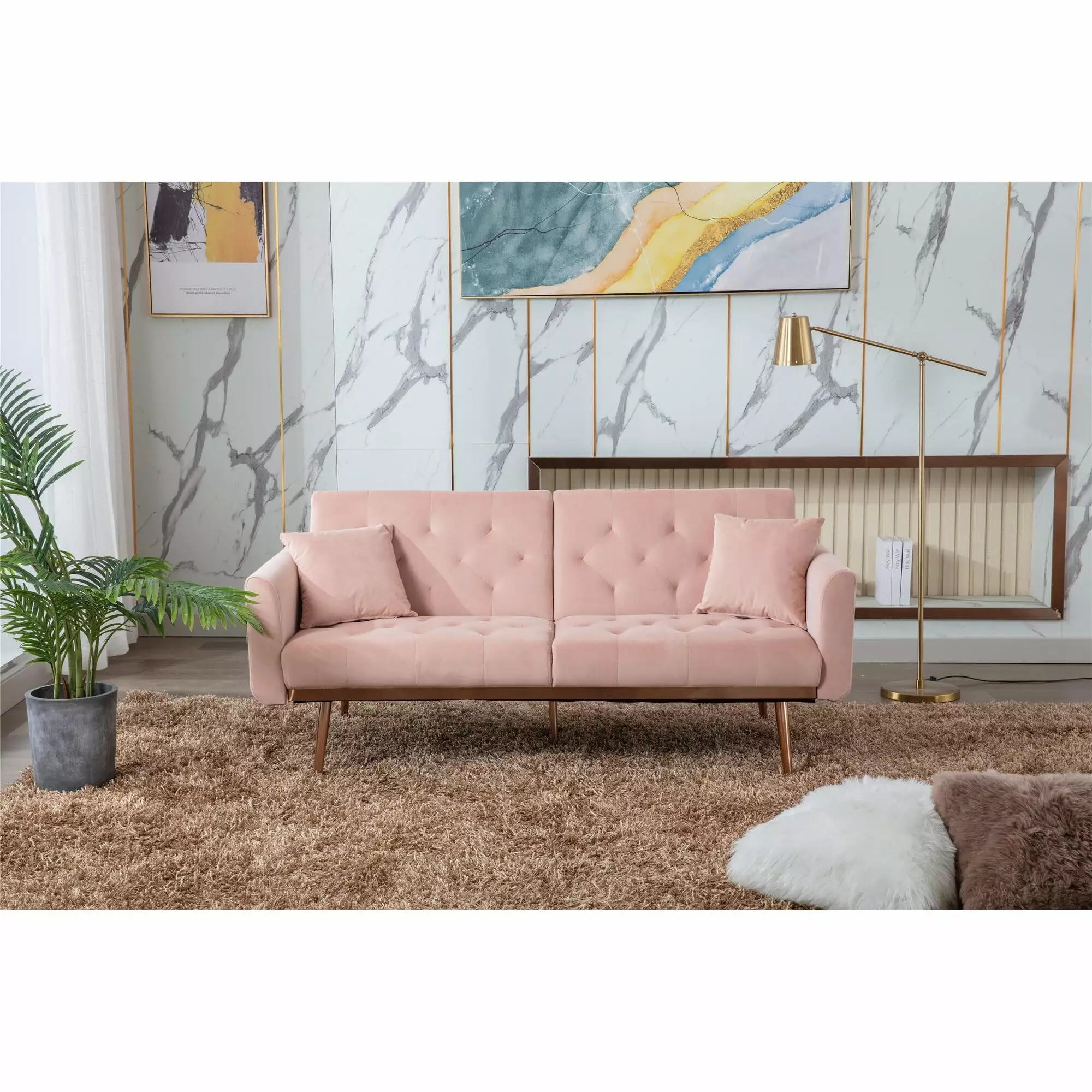 Velvet Upholstered Tufted Loveseats Sleeper Sofa With Rose Golden Legs Pink