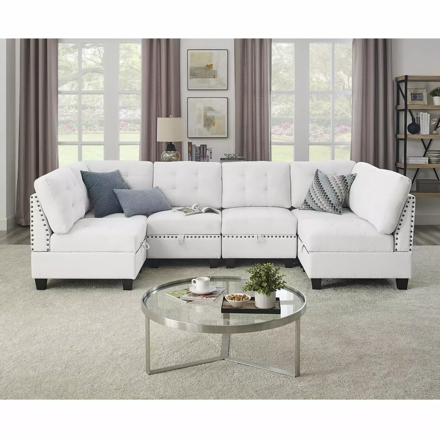 Versatile and Comfortable Ivory Chenille U-Shape Modular Sectional Sofa - DIY Combination with Four Single Chairs and Two Corners - Bonus Storage Included