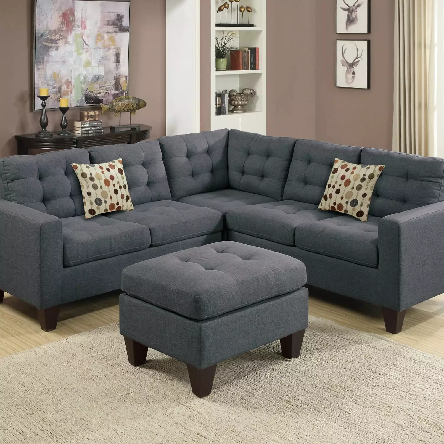 Versatile and Stylish Blue Grey Polyfiber Modular Sectional Sofa Set with Ottoman - 4pcs LAF and RAF Loveseat Corner Wedge Tufted Cushion Couch - Perfectly Complement Your Living Room D