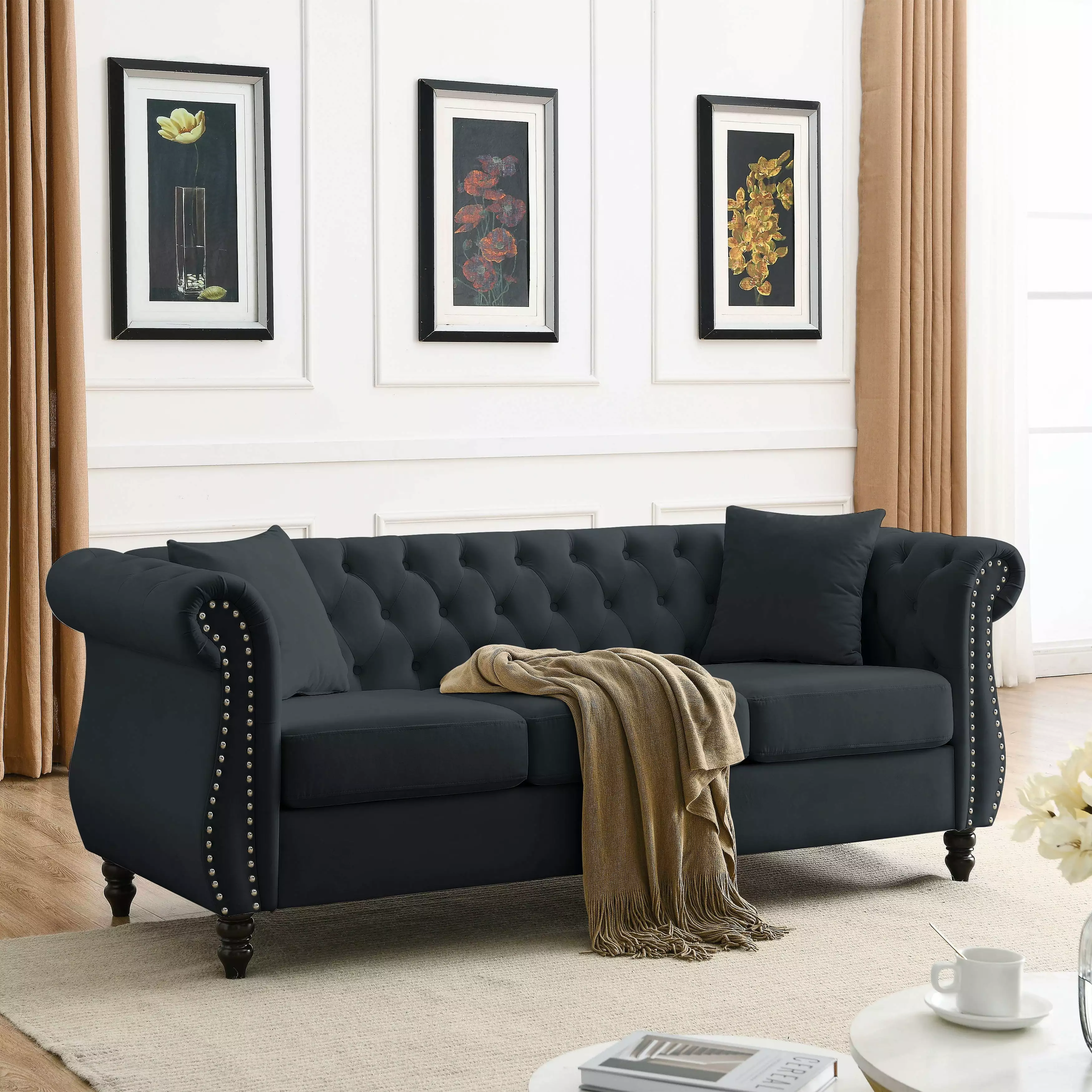 [Video] 80 Chesterfield Sofa Black Velvet For Living Room. 3 Seater Sofa Tufted Couch With Rolled Arms And Nailhead For Living Room. Bedroom. Office. Apartment. Two Pillows