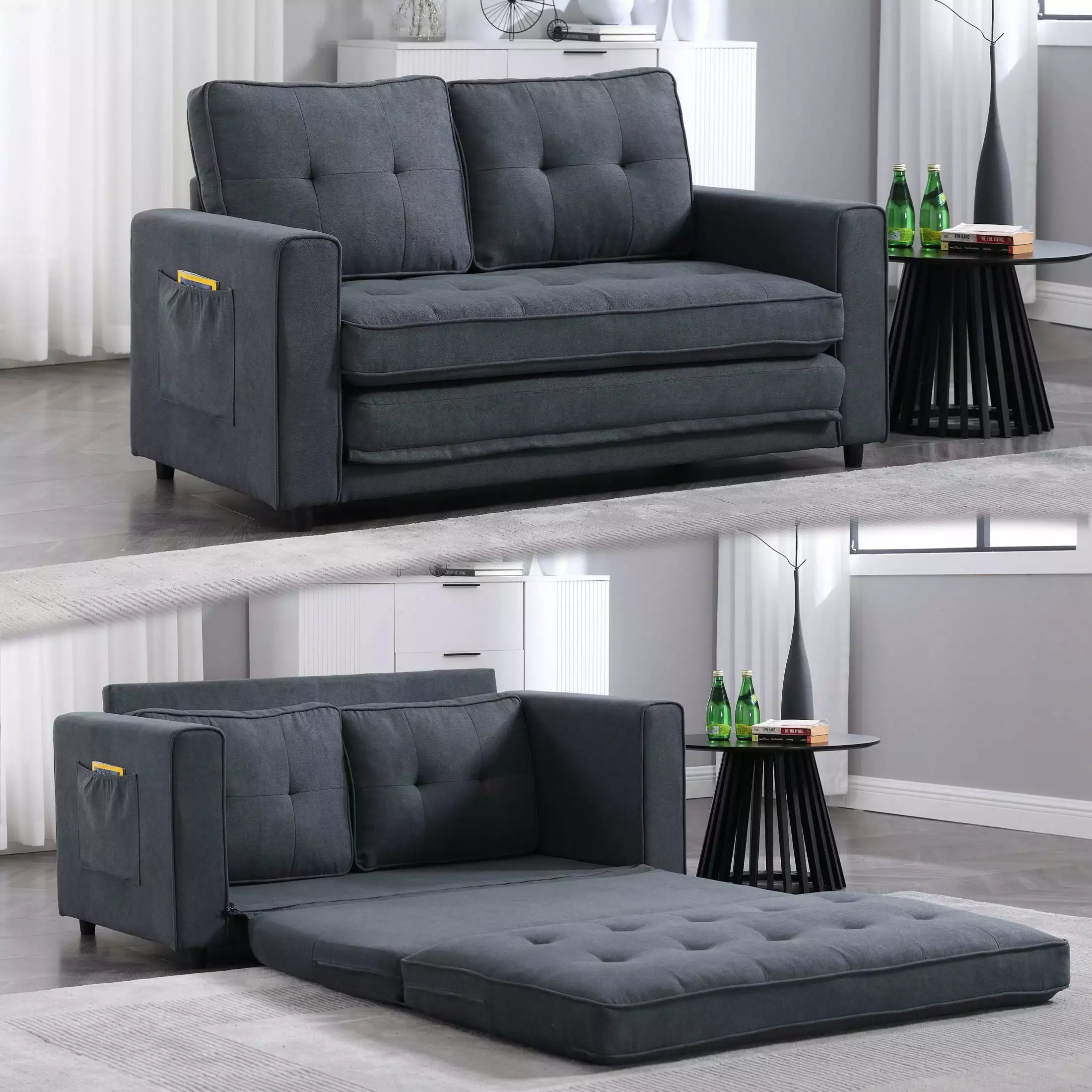 {Video Provided}3-In-1 Upholstered Futon Sofa Convertible Floor Sofa Bed.Foldable Tufted Loveseat With Pull Out Sleeper Couch Bed W/Side Pockets For Living Room. Dark Gray