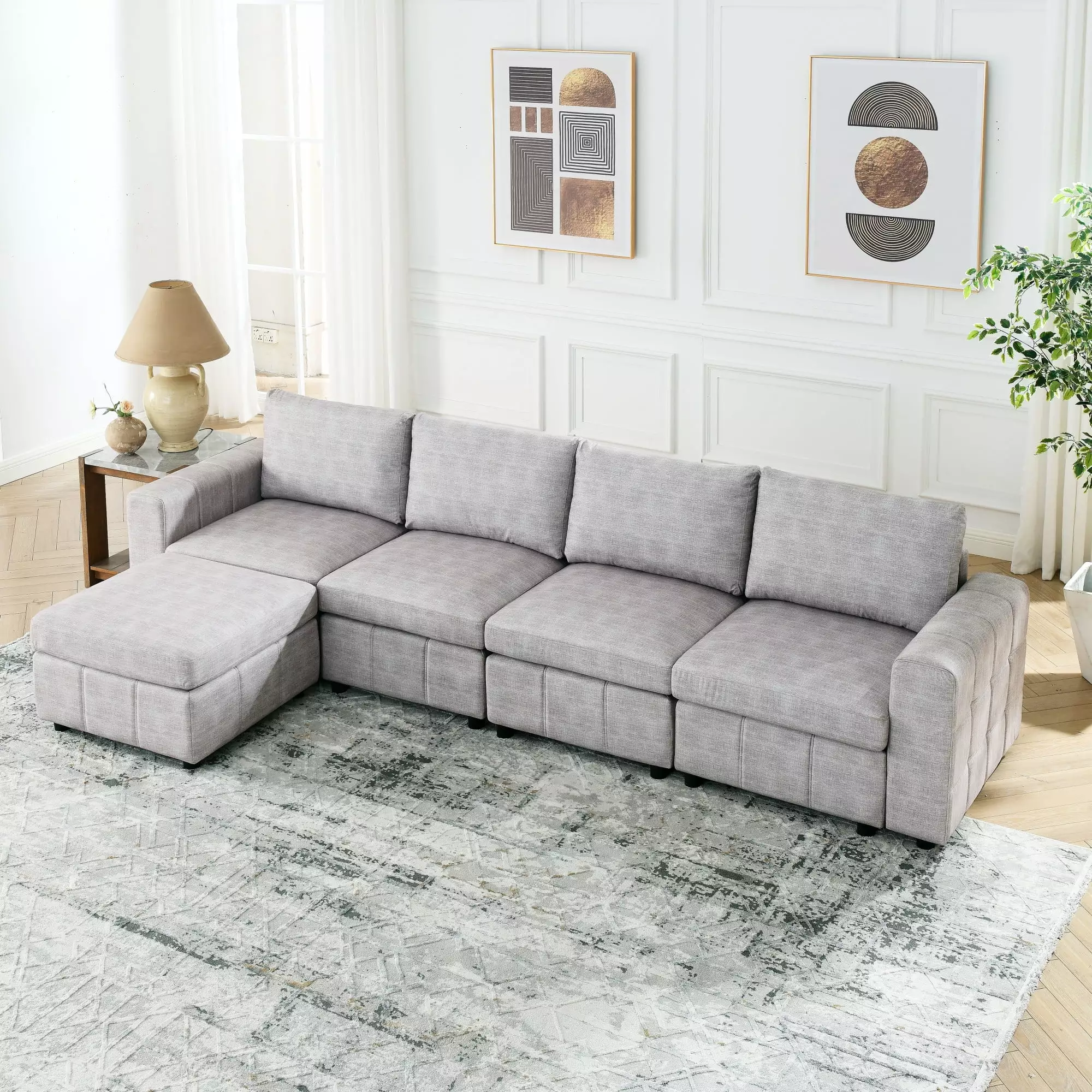 [Video]Upholstered Modular Sofa. L Shaped Sectional Sofa for Living Room Apartment(4-Seater with Ottoman)