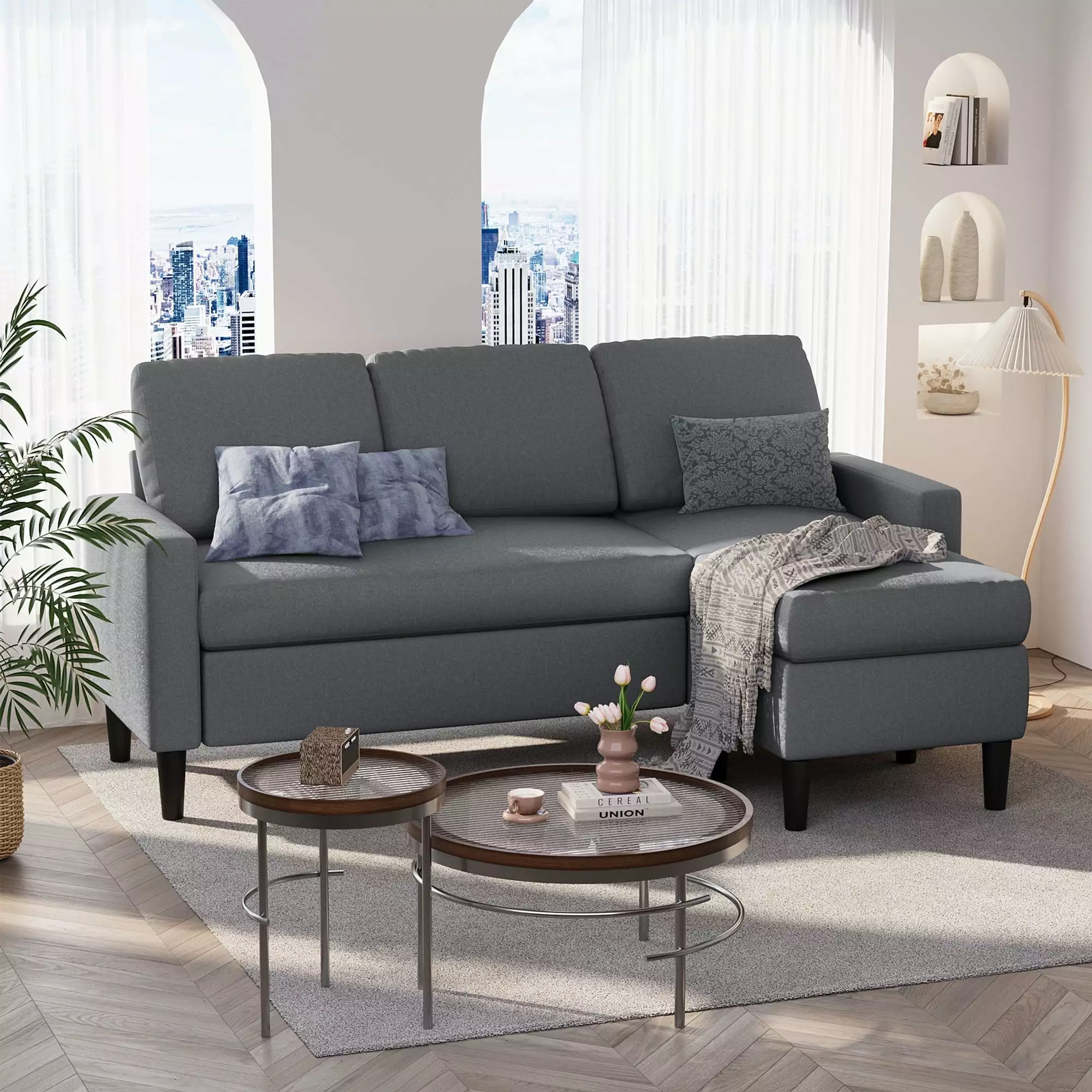 Walsunny 74 Convertible Sectional Sofa Couch 3-Seat L-Shaped Sofa with Modern Linen Fabric Upholstered Space-Saving with Reversible Chaise Dark Gray