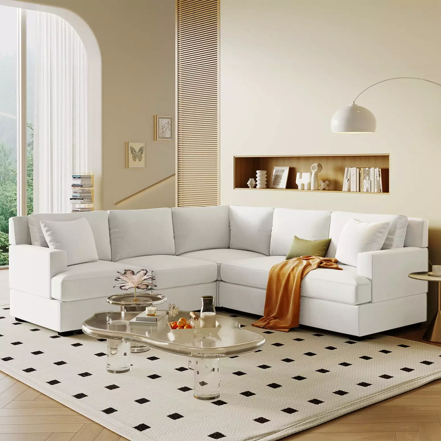 White L-Shaped Sectional Sofa - Modular Polyester Couch with Solid Frame. Two Throw Pillows Included | Elegant Living Room Furniture with Comfort and Flexibility