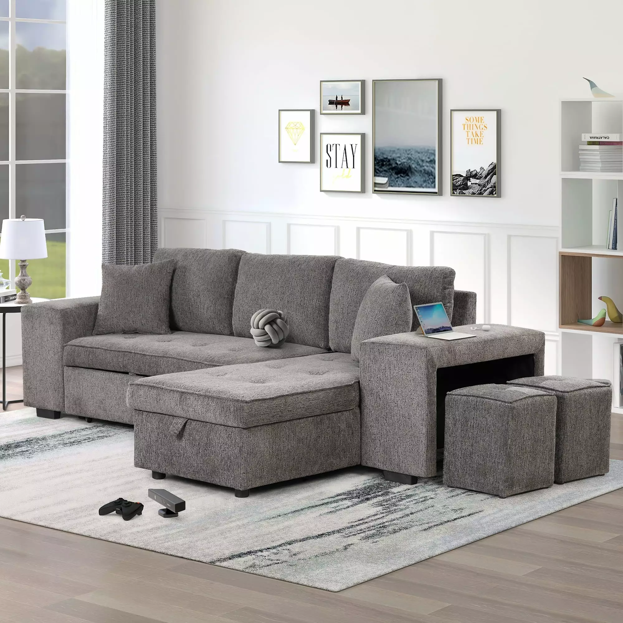 Williamspace 104 Sectional Sofa Couch Pull Out Sleeper Sofa Modern L Shaped 3 Seat Sofa Bed Furniture Set with Storage Chaise and 2 Stools for Living Room. Knox Charcoal