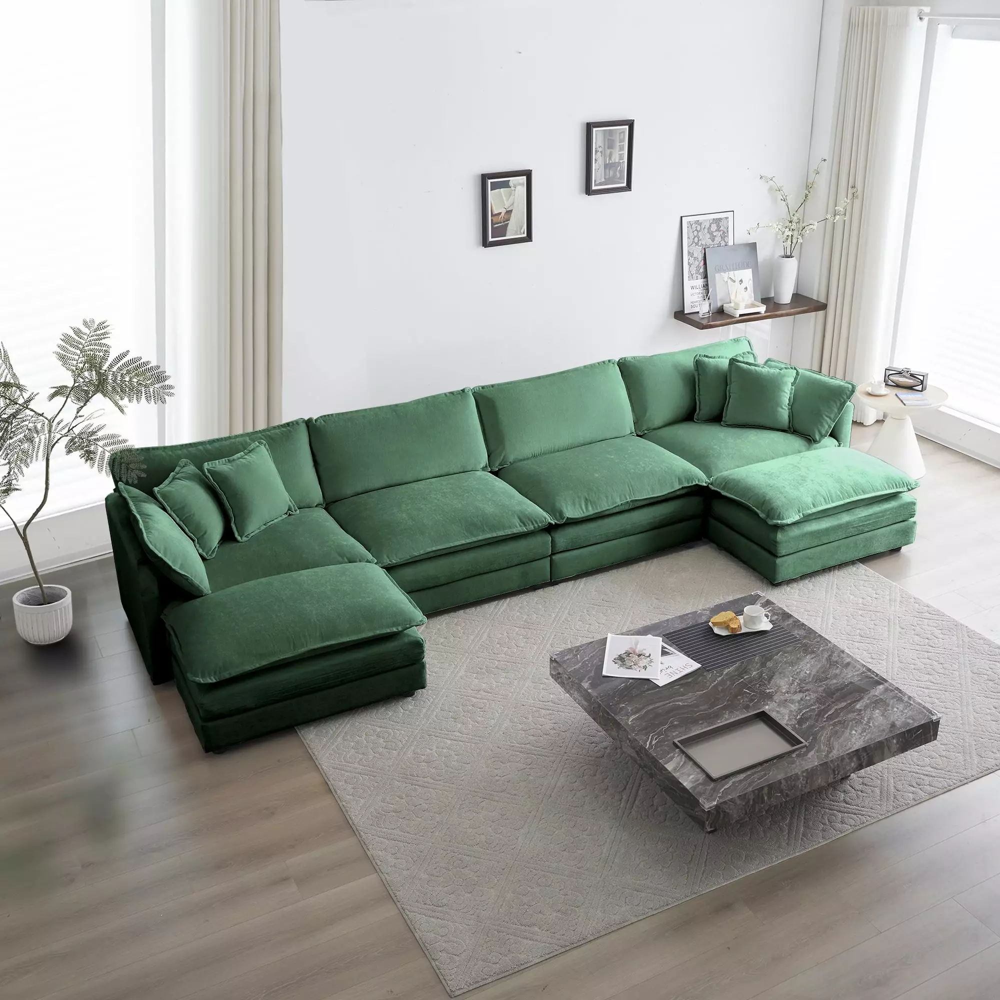 Williamspace 146.5 Sectional Sofa Couch for Living Room. Modern Upholstered Oversized U-Shaped Sofa with 2 Ottoman & Toss Pillows. Modular 6 Seat Chenille Fabric Sofa Furniture for Apartment. Green