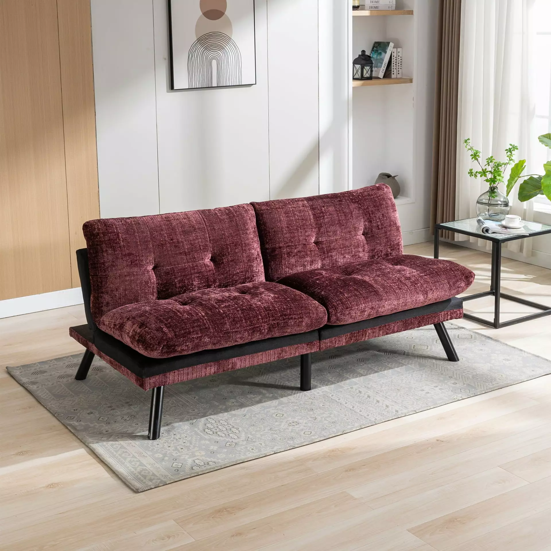 Wine Red Convertible Sofa Bed - Luxurious Chenille Loveseat Futon. Ideal for Small Living Areas. Breathable and Adjustable. Modern Look with Sturdy Metallic Legs. Easy to Assemble