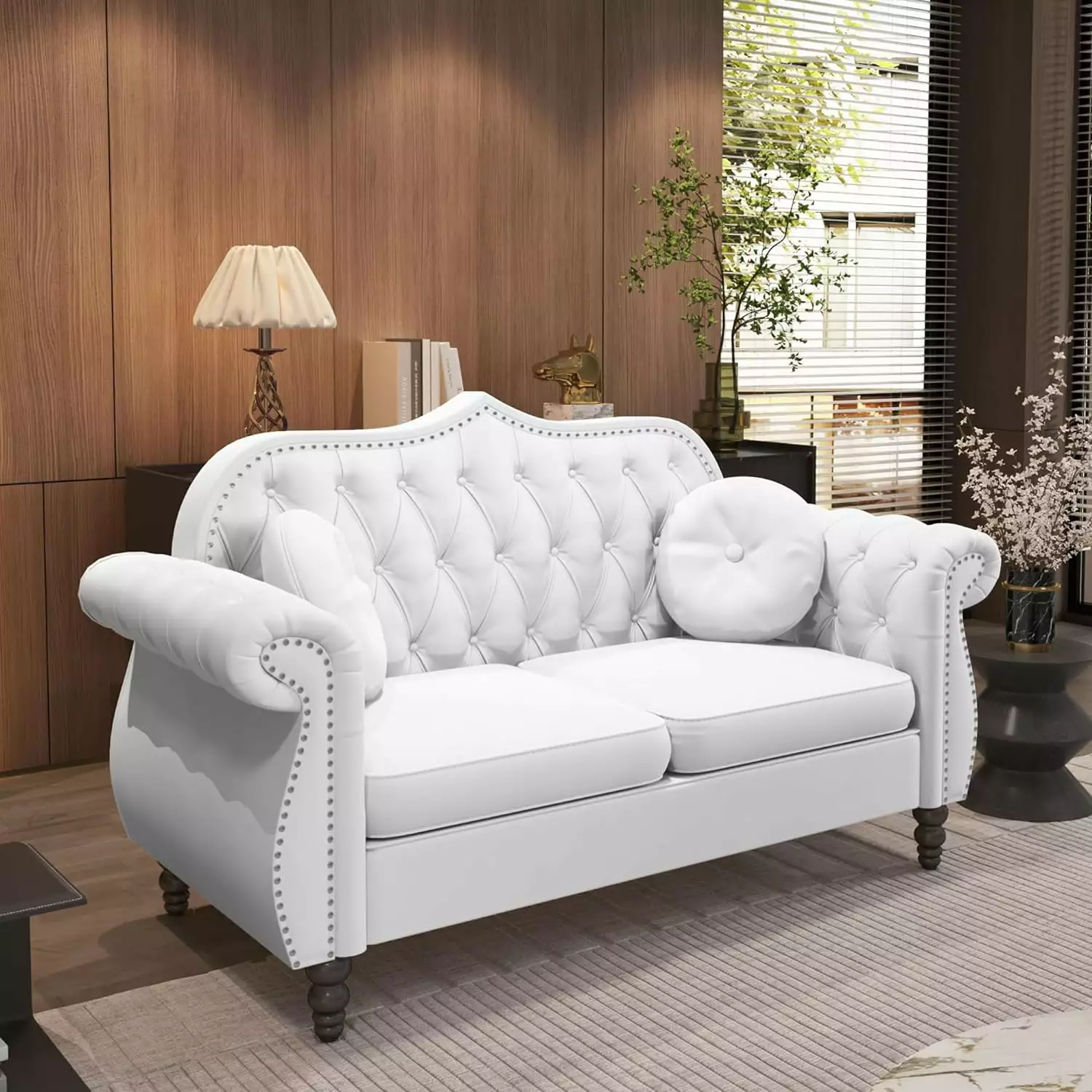 Wirrytor Chesterfield 2 Seat Living Room Sectional loveseat Sofa Set. Mid-Century Modern Upholstered Velvet Sofa Couch. Classic Tufted Button Sofa with Nailhead Trim for Living Room (White)