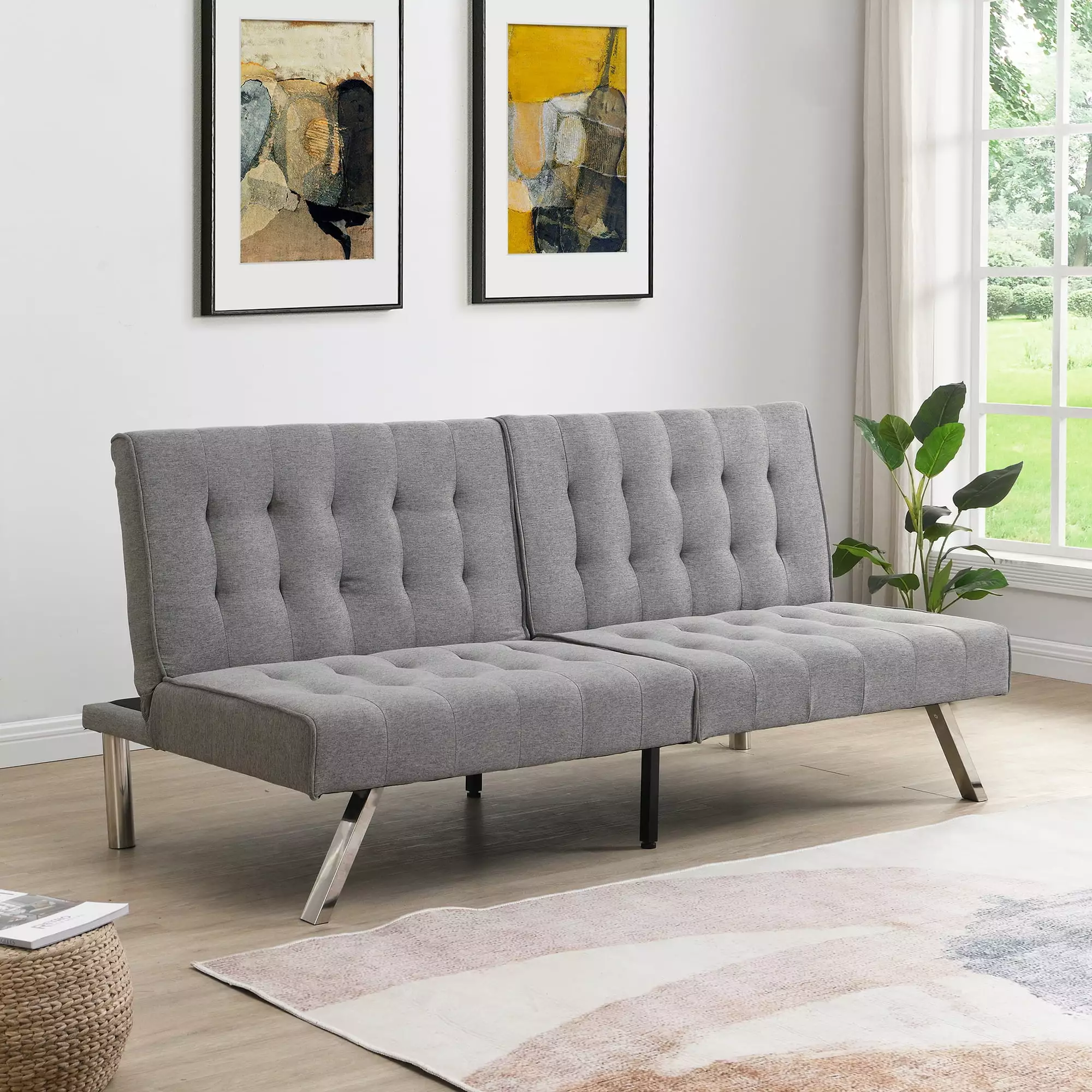 Wood Frame. Stainless Leg. Futon. Sofa Bed Grey