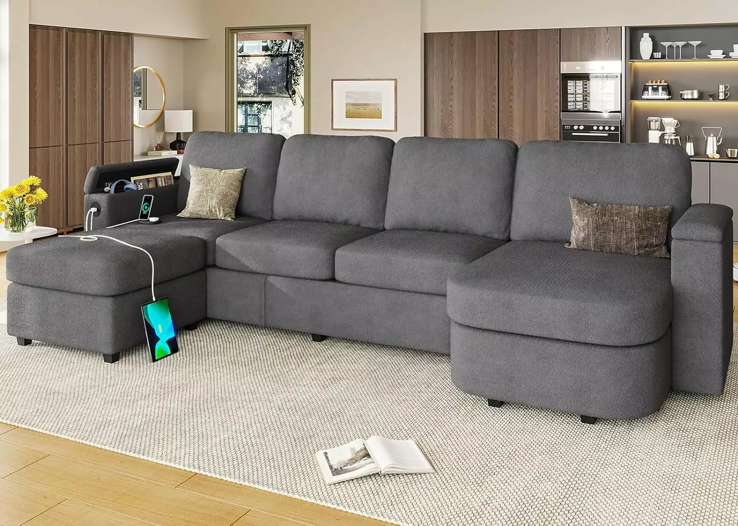 YIDUNLIFE Sectional Sofas with Storage Seat. Convertible U Shaped Couch with Ottomans for Living Room. Dark Grey