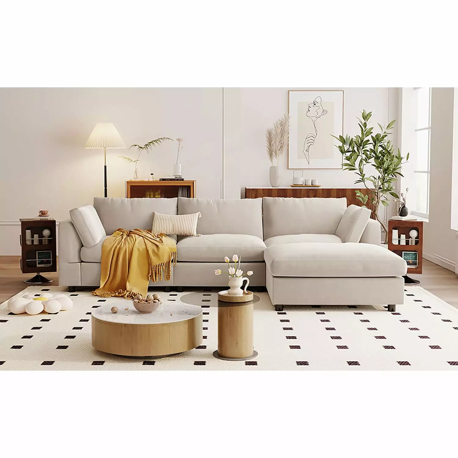 YYAo Upholstery L Shaped Convertible Sectional Sofa Couch with Reversible Chaise for Living Room. Beige