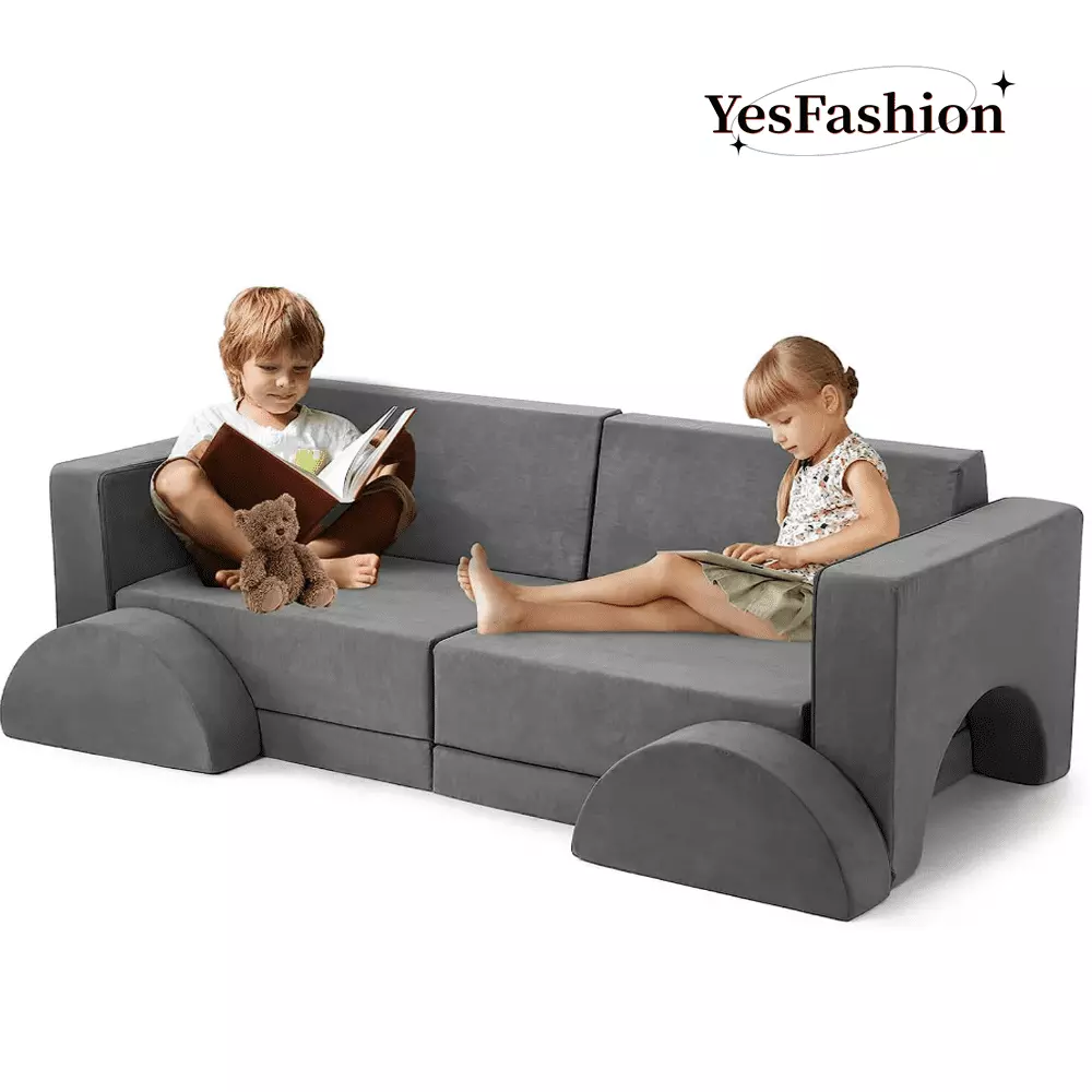 Yesfashion 10pcs Modular Toddler Couch Sofa Set for Playroom Bedroom. Kids Convertible Sofa Sectional Foam Playset. Grey