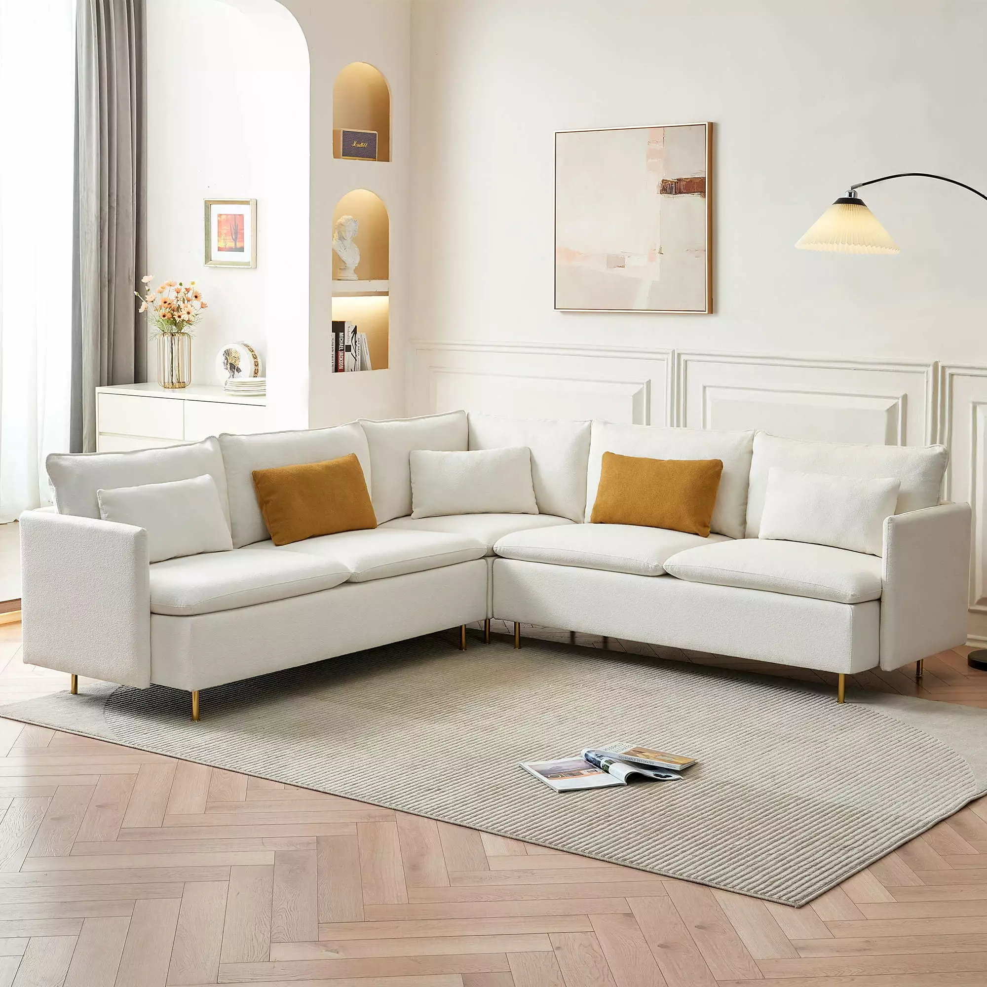 Youdao Modern Sectional Couches for Living Room. Large L Shaped Sectional Sofa. Teddy Fabric Couch with Chaise. Corner Couch Furniture L-Shaped Upholstered 5 Seater Sofas. 5 Throw Pillow.Home Office