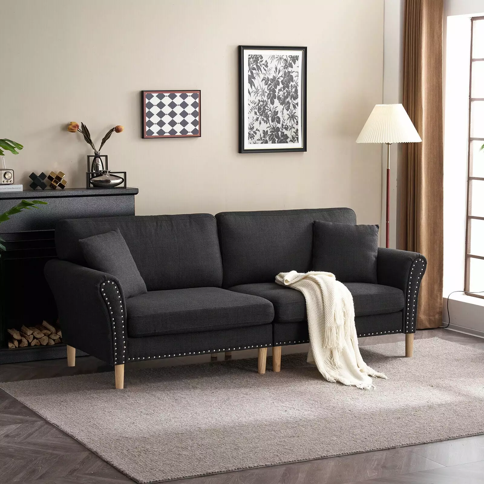 ZGBY Modern 2 Seat Sofa Large Couch With 2 Pillow Furniture Loveseat Black