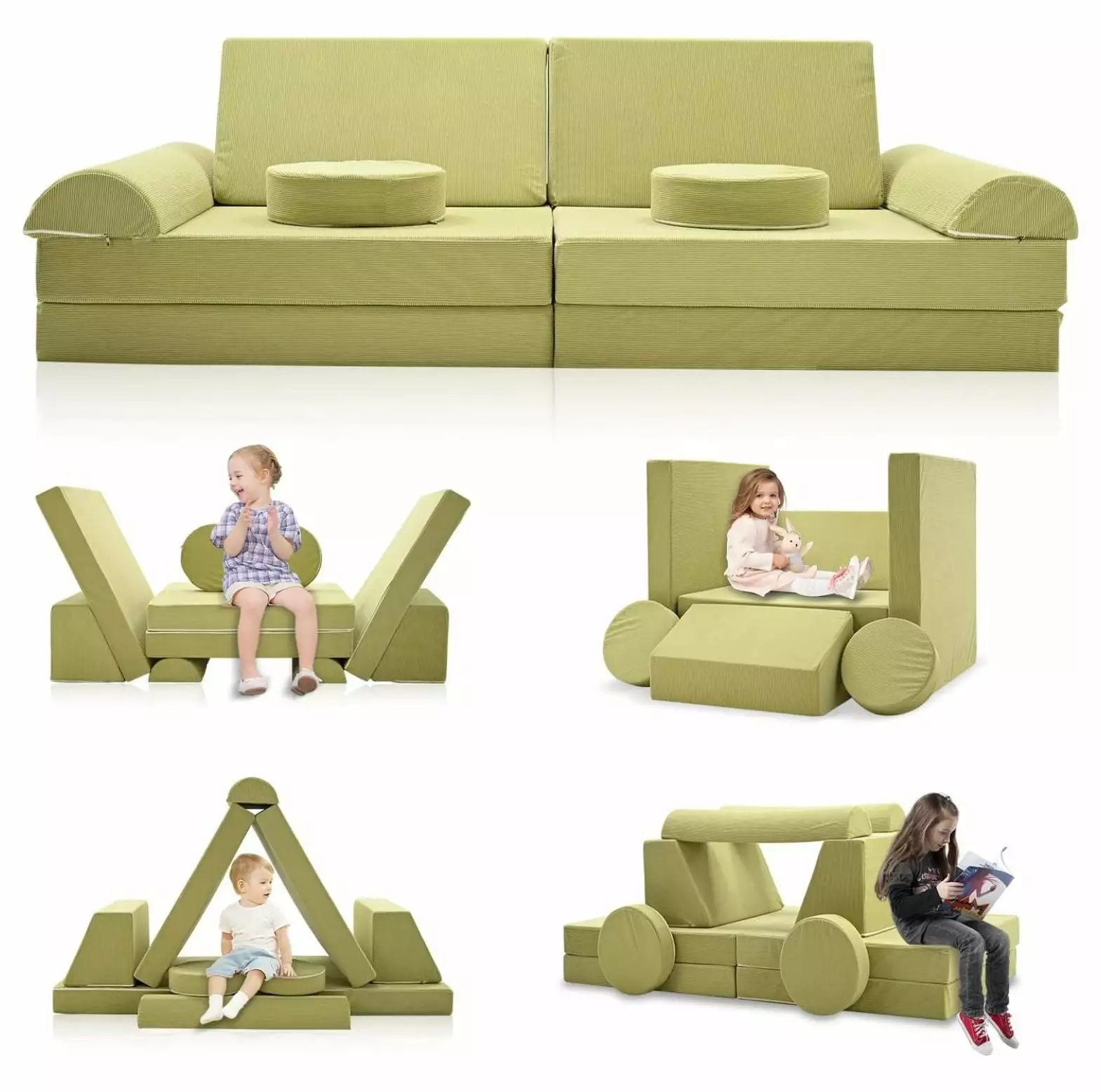 ZHAOTONG 10pcs Corduroy Kids Play Couch. Large Modular Sectional Kids Toddler Couch. Bedroom and Playroom Furniture for Toddlers. Convertible Creative Floor Sofa for Boys and Girls. Sage Green