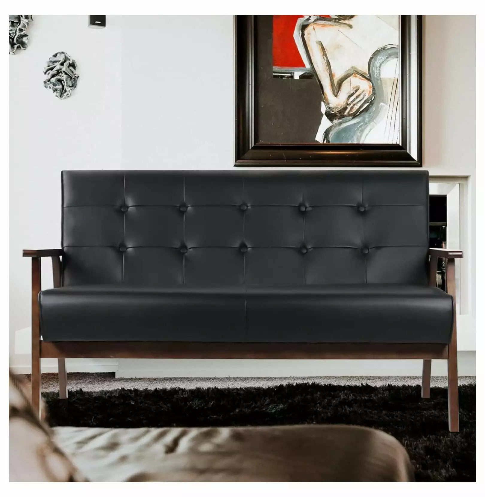 ZHAOTONG Modern Wooden Leather 2-Seat Sofa. Sleek Minimalist Loveseat. Sturdy and Long-Lasting Loveseat Sofa Couch. Home Office Furniture (Black)