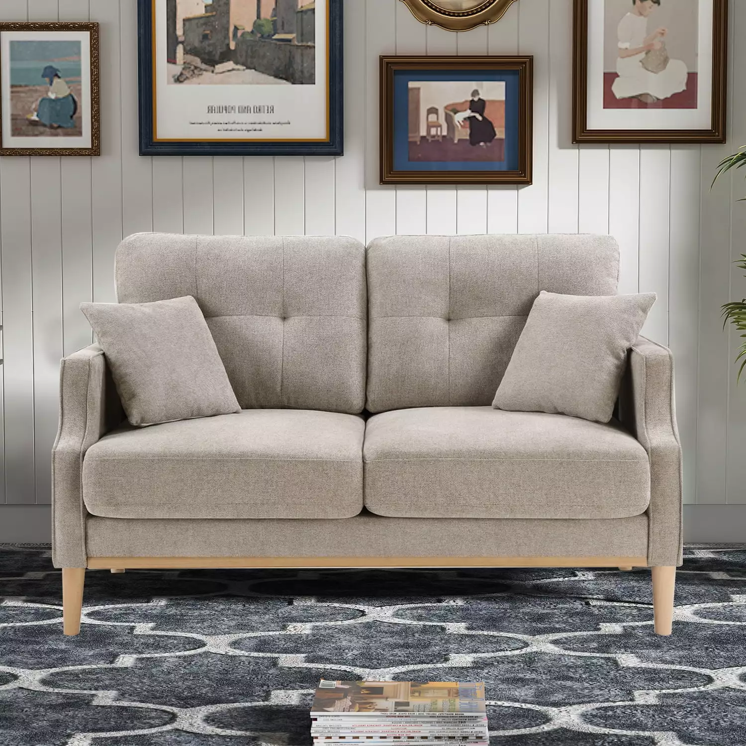 Elegant Style Leisure Polyester Loveseat Sofa with Two Pillows for Living Room. Bedroom. Office. Cream