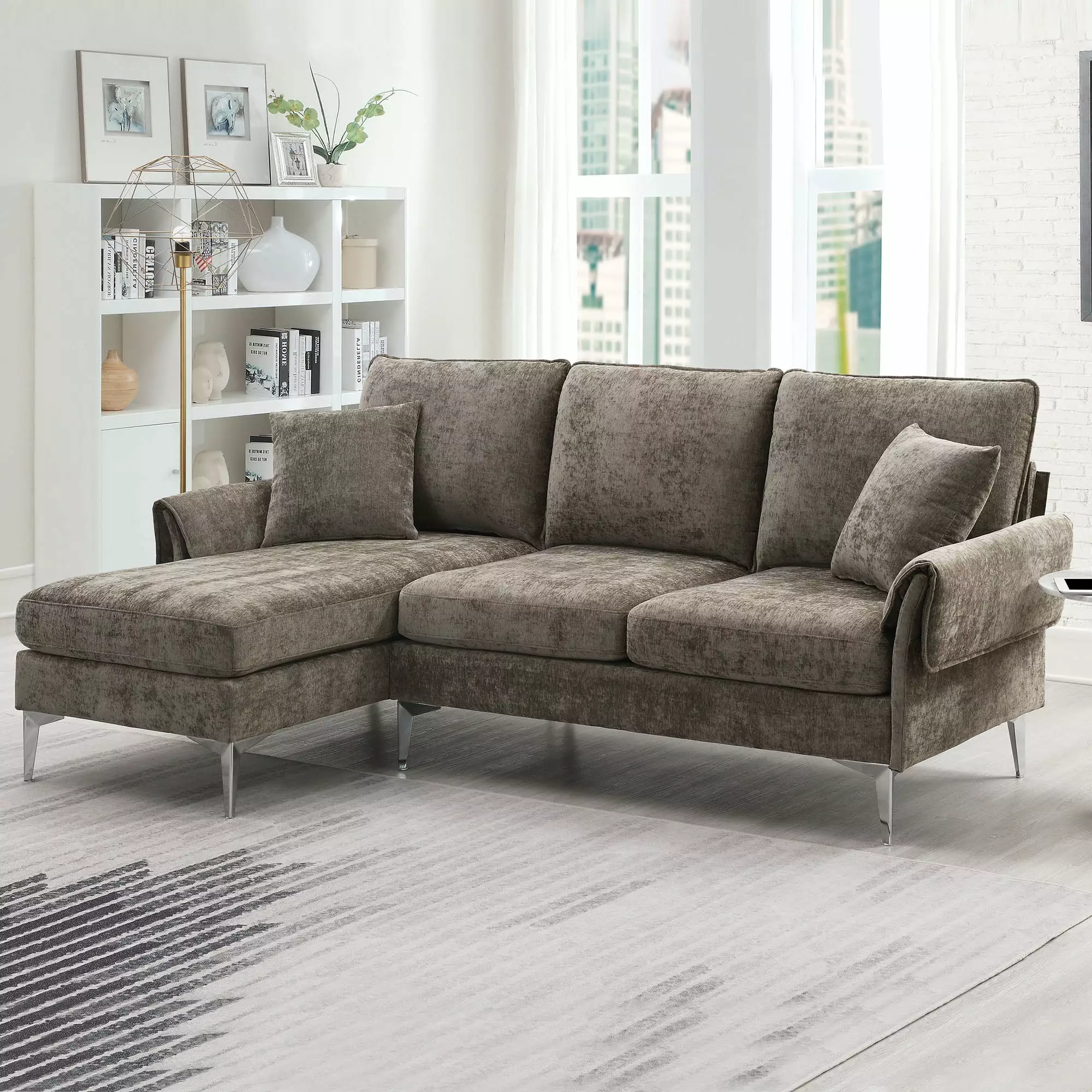 [VIDEO provided] [New]84 Convertible Sectional Sofa. Modern Chenille L-Shaped Sofa Couch with Reversible Chaise Lounge. Fit for Living Room. Apartment(2 Pillows)