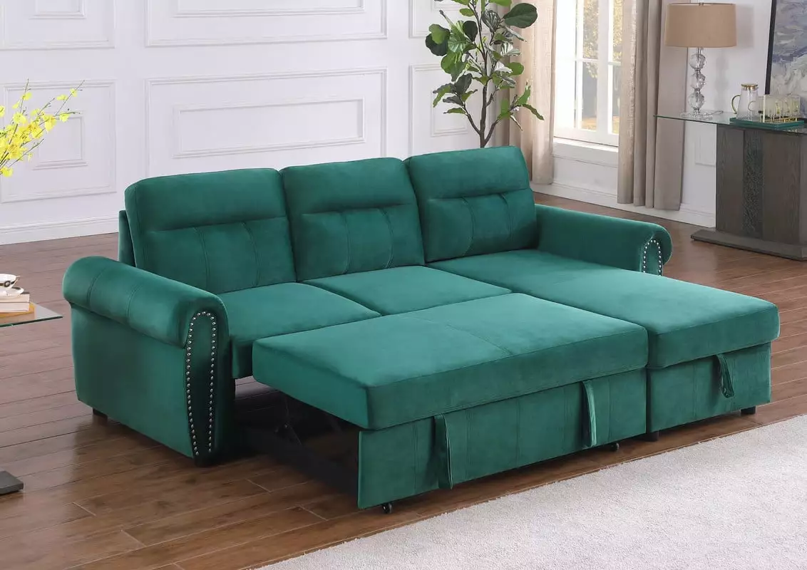 Ucloveria Reversible Sleeper Sectional Sofa Chaise Green Velvet Fabric